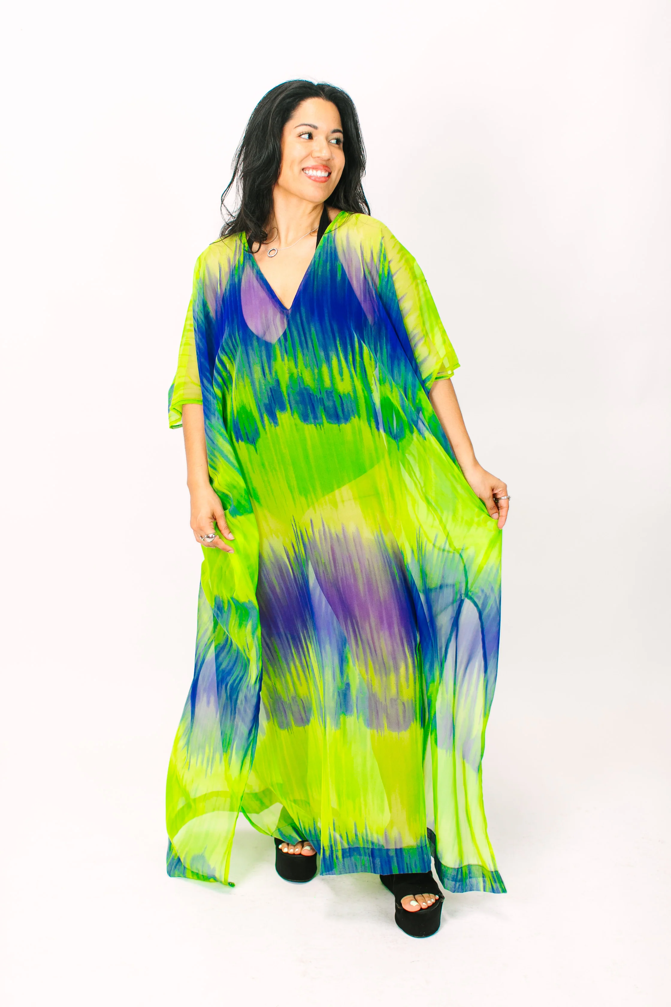 Green & Blue Tie Dye Sheer Long Caftan - Image 3