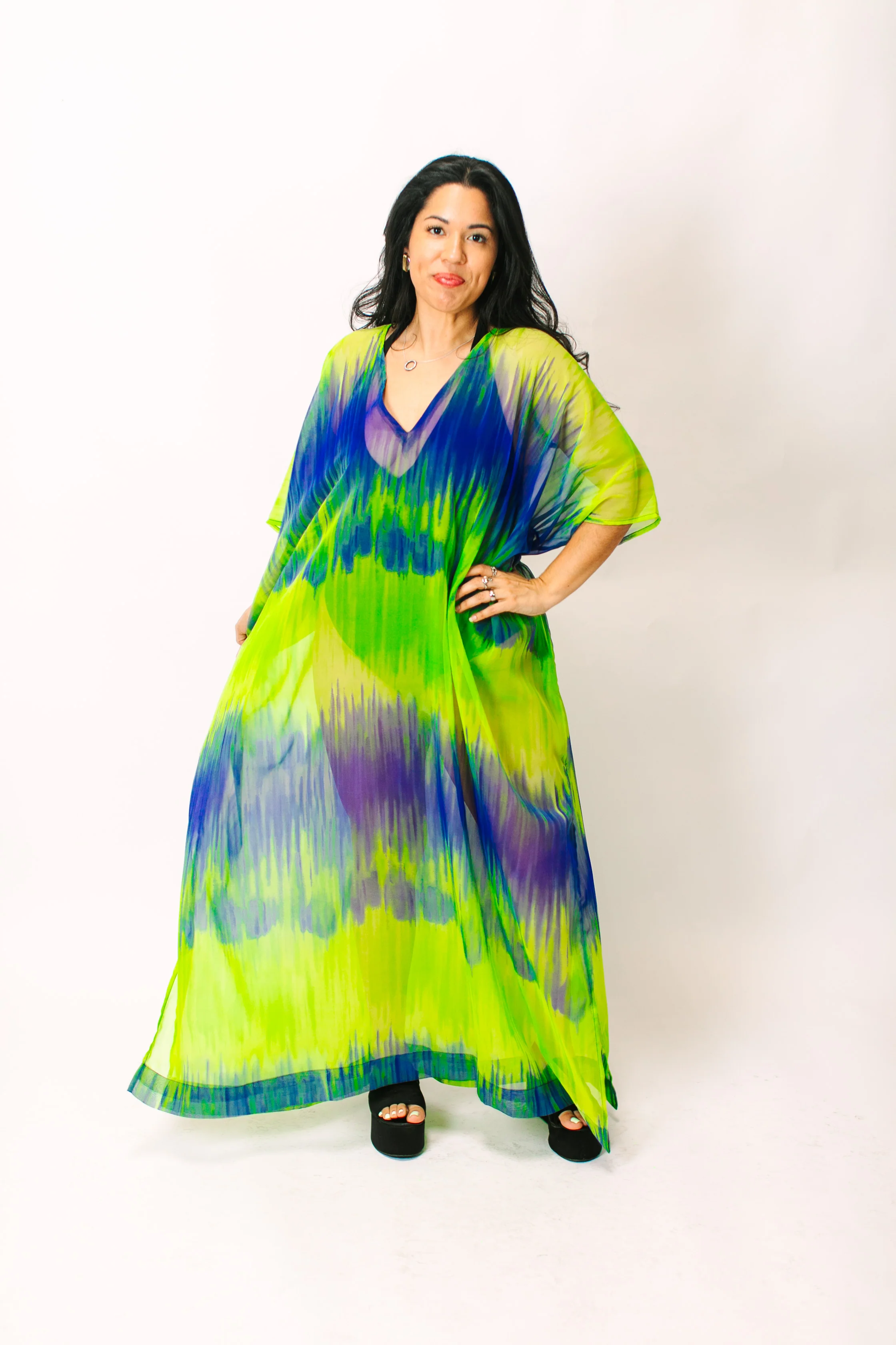 Green & Blue Tie Dye Sheer Long Caftan - Image 4