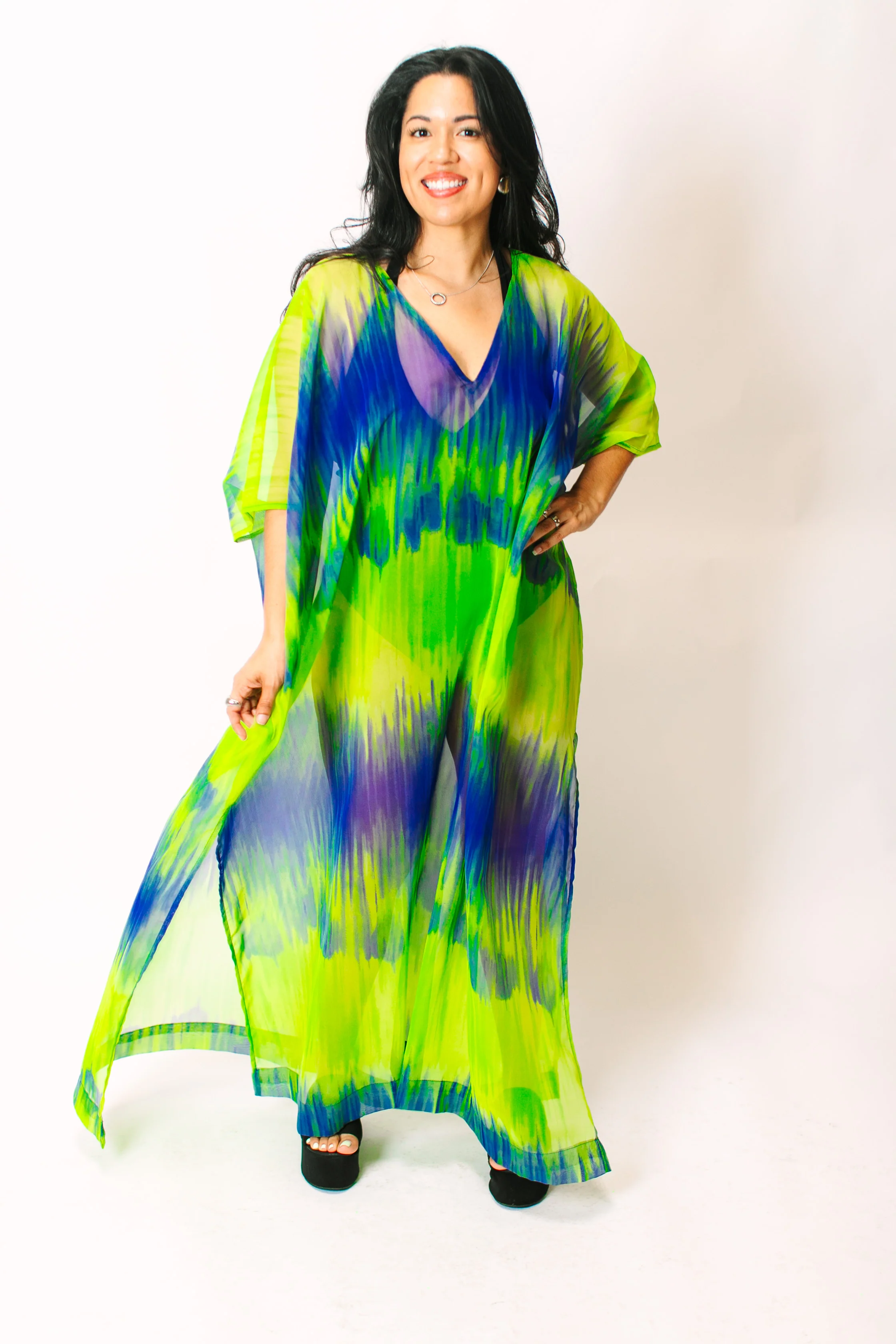 Green & Blue Tie Dye Sheer Long Caftan - Image 5