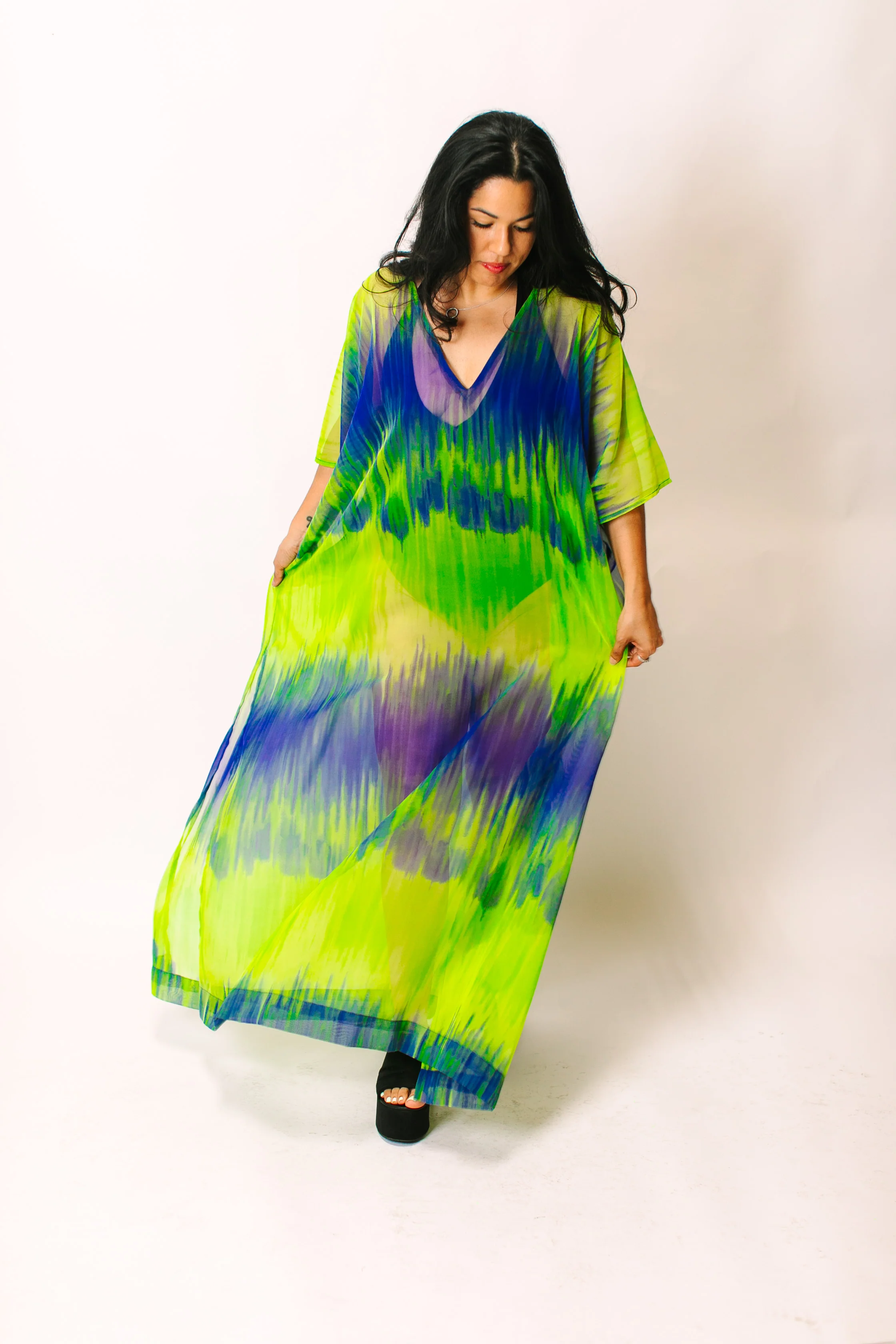 Green & Blue Tie Dye Sheer Long Caftan - Image 6