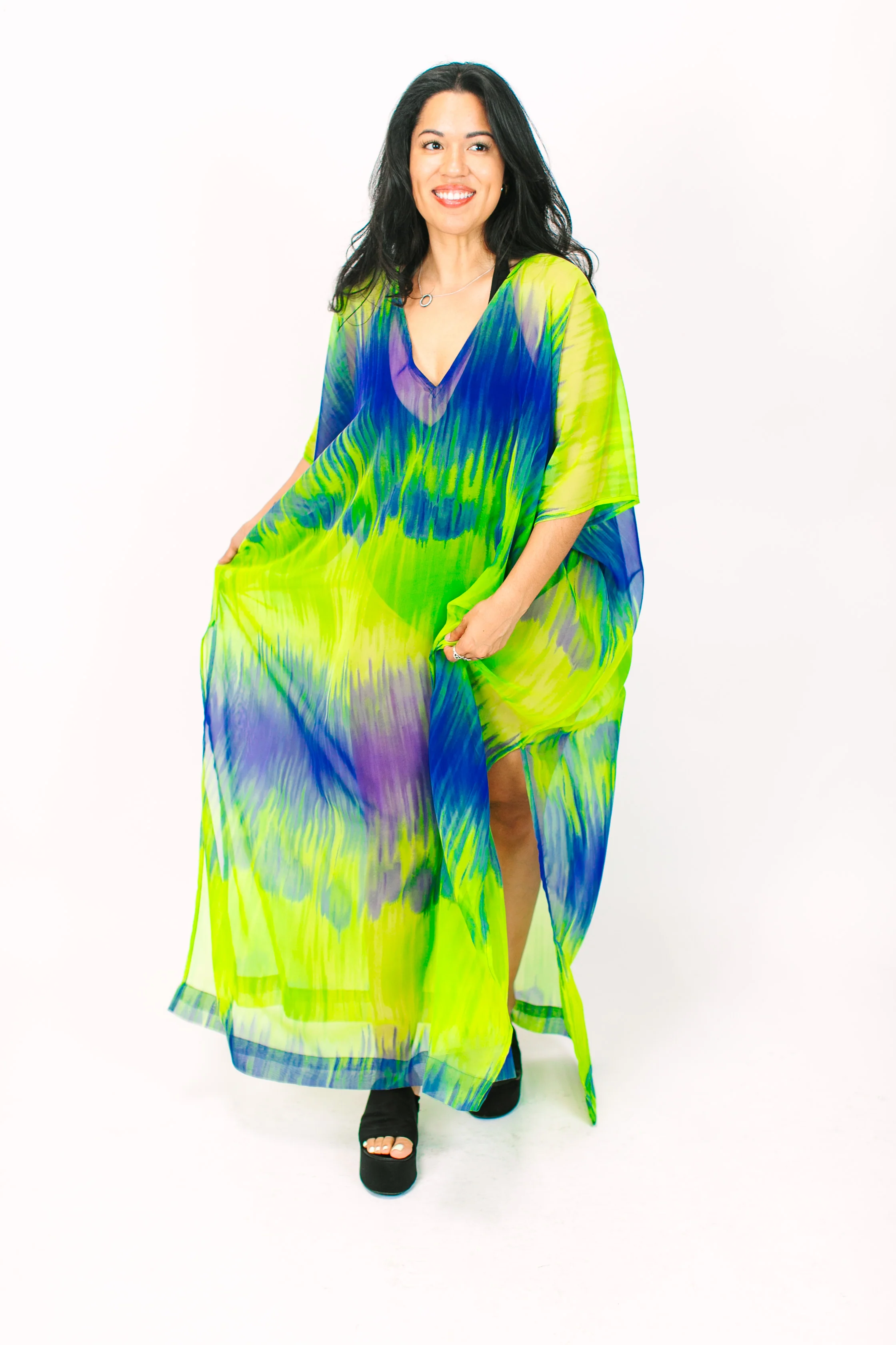 Green & Blue Tie Dye Sheer Long Caftan - Image 7