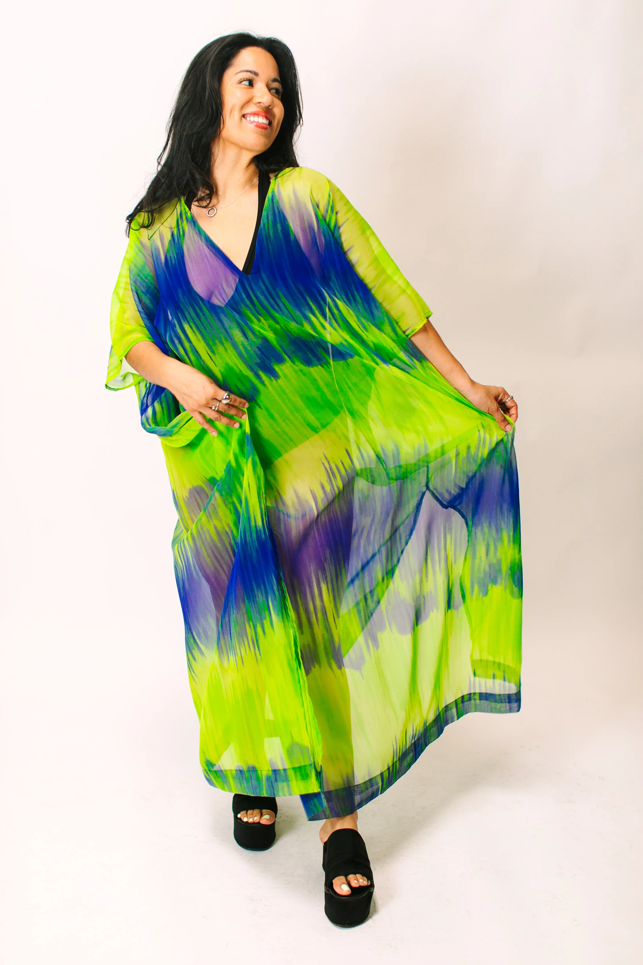 Green & Blue Tie Dye Sheer Long Caftan - Image 8