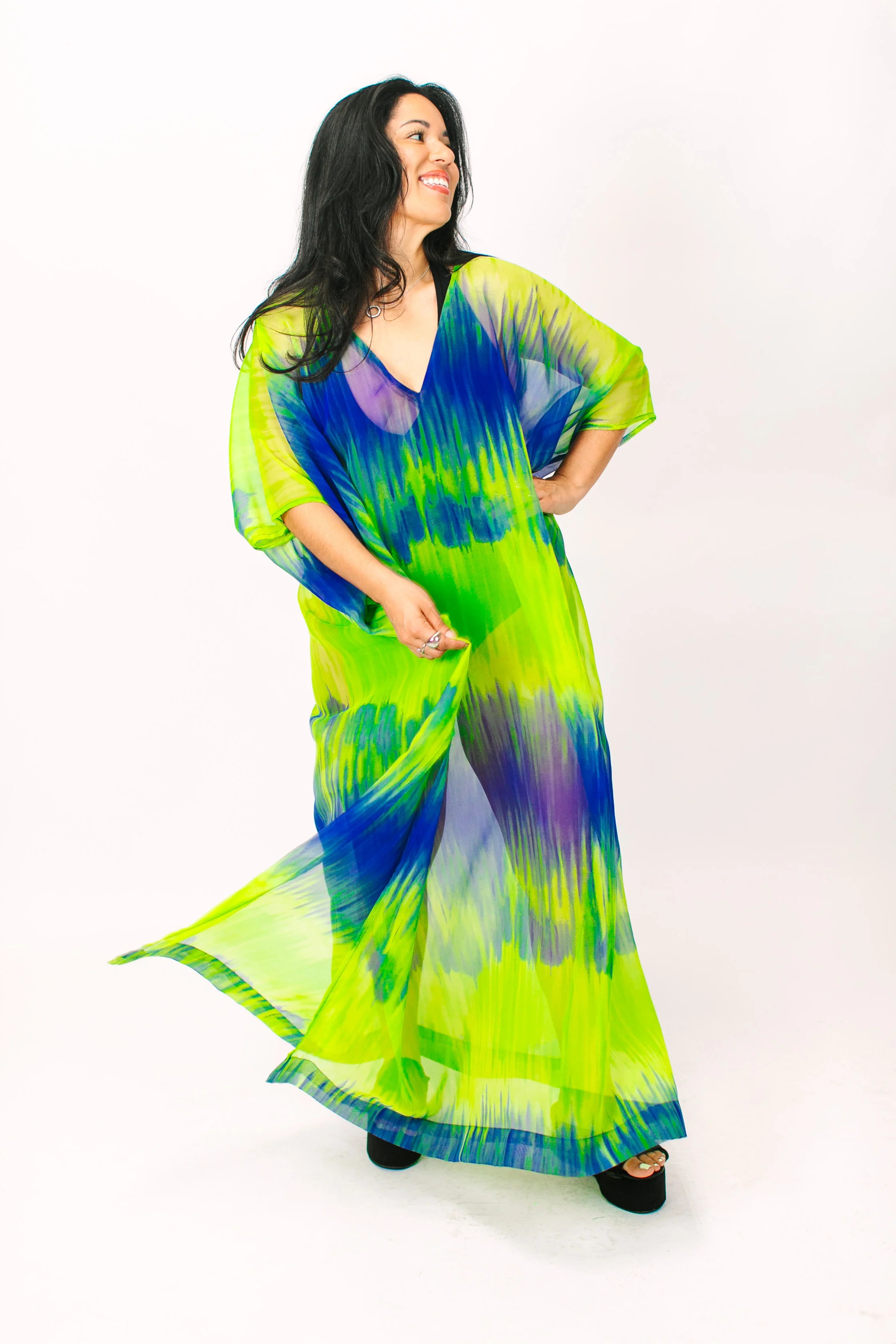 Green & Blue Tie Dye Sheer Long Caftan - Image 9