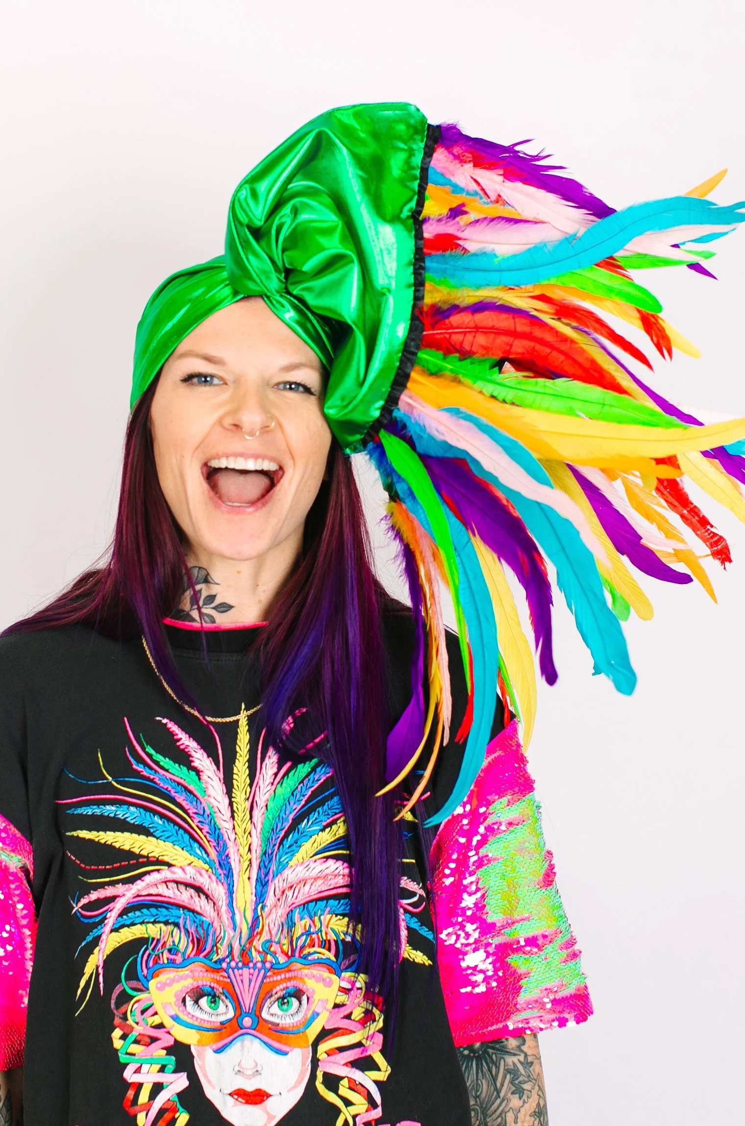 Green Lame With Rainbow Long Feathers