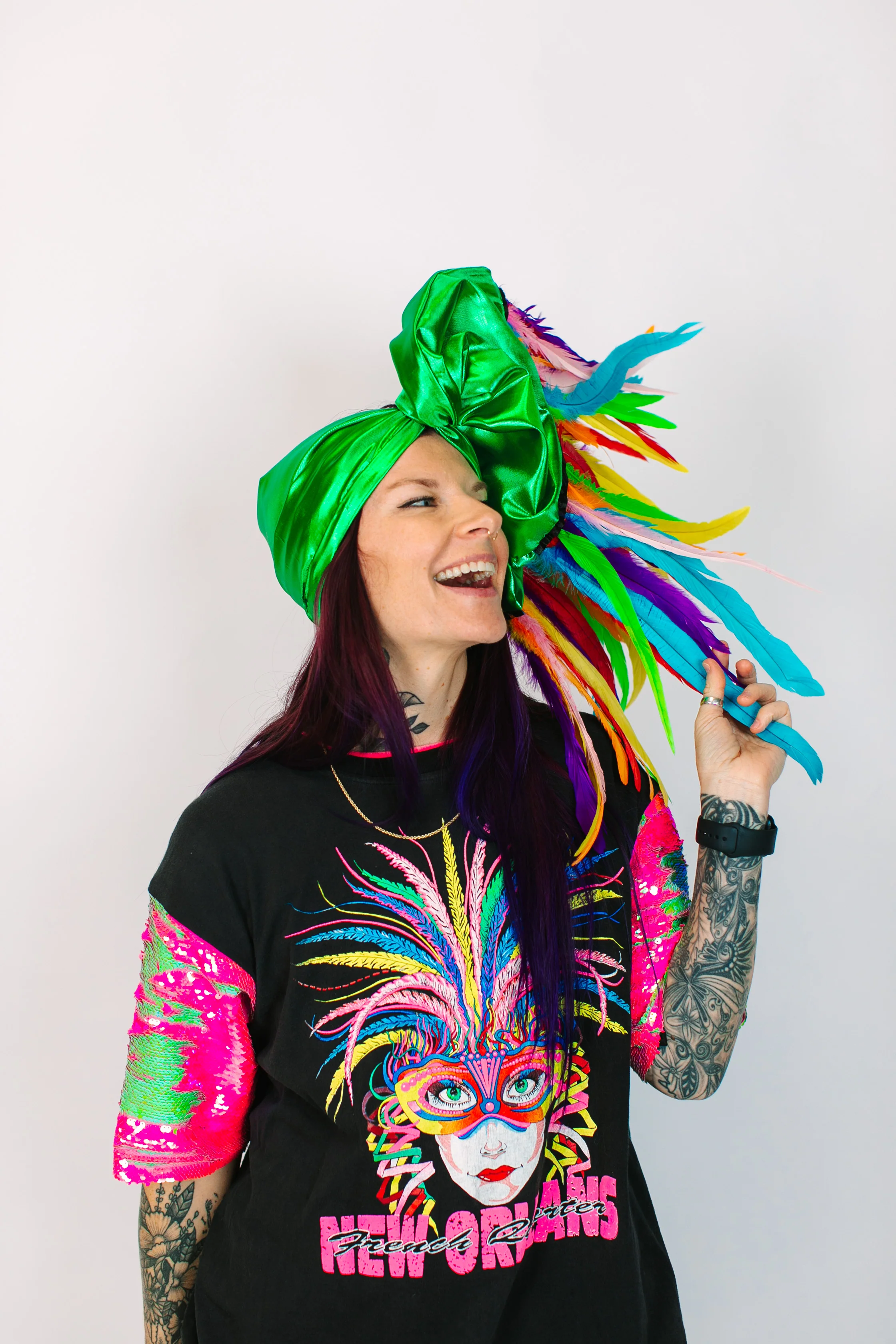 Green Lame With Rainbow Long Feathers - Image 2