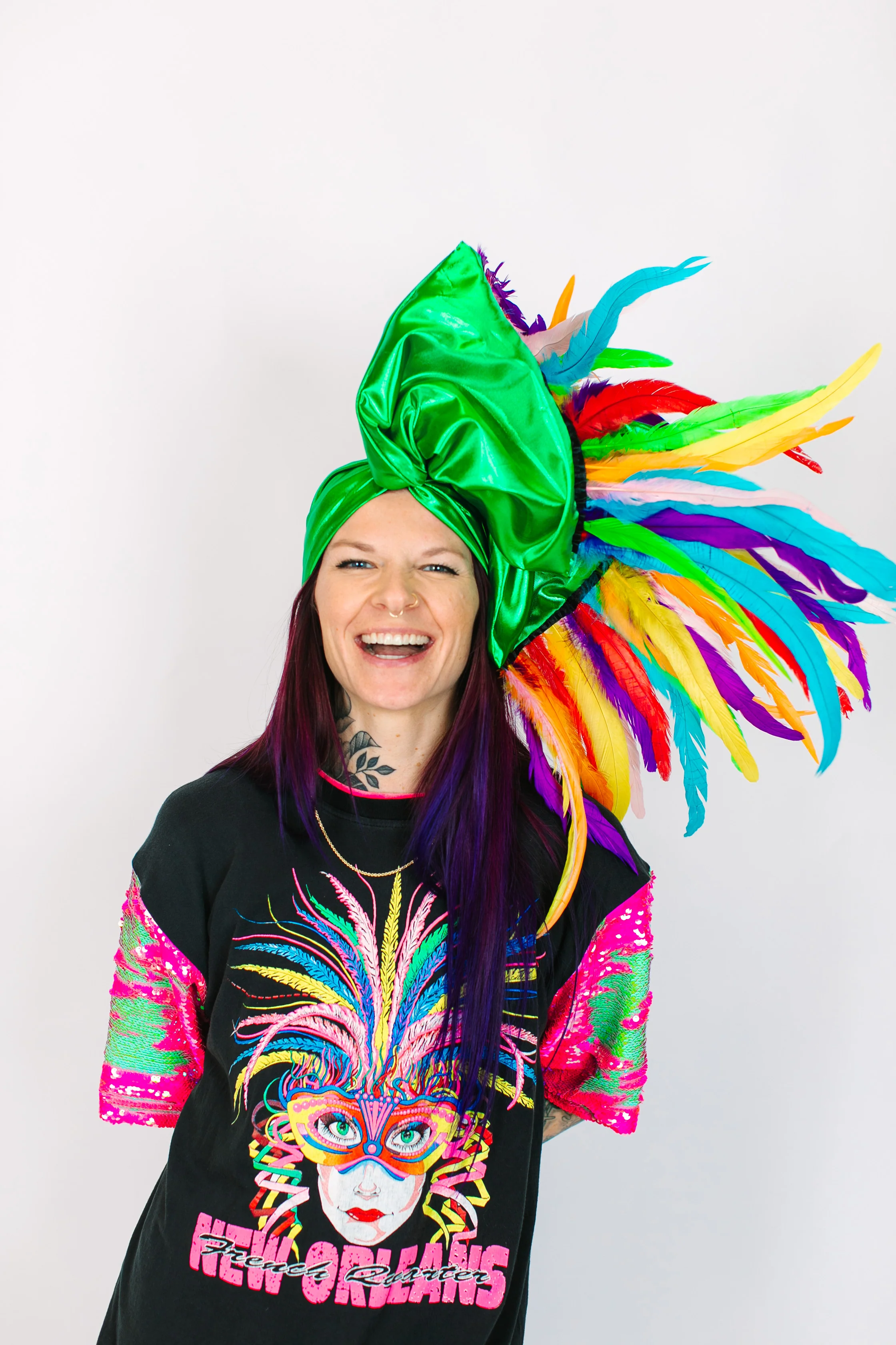 Green Lame With Rainbow Long Feathers - Image 3