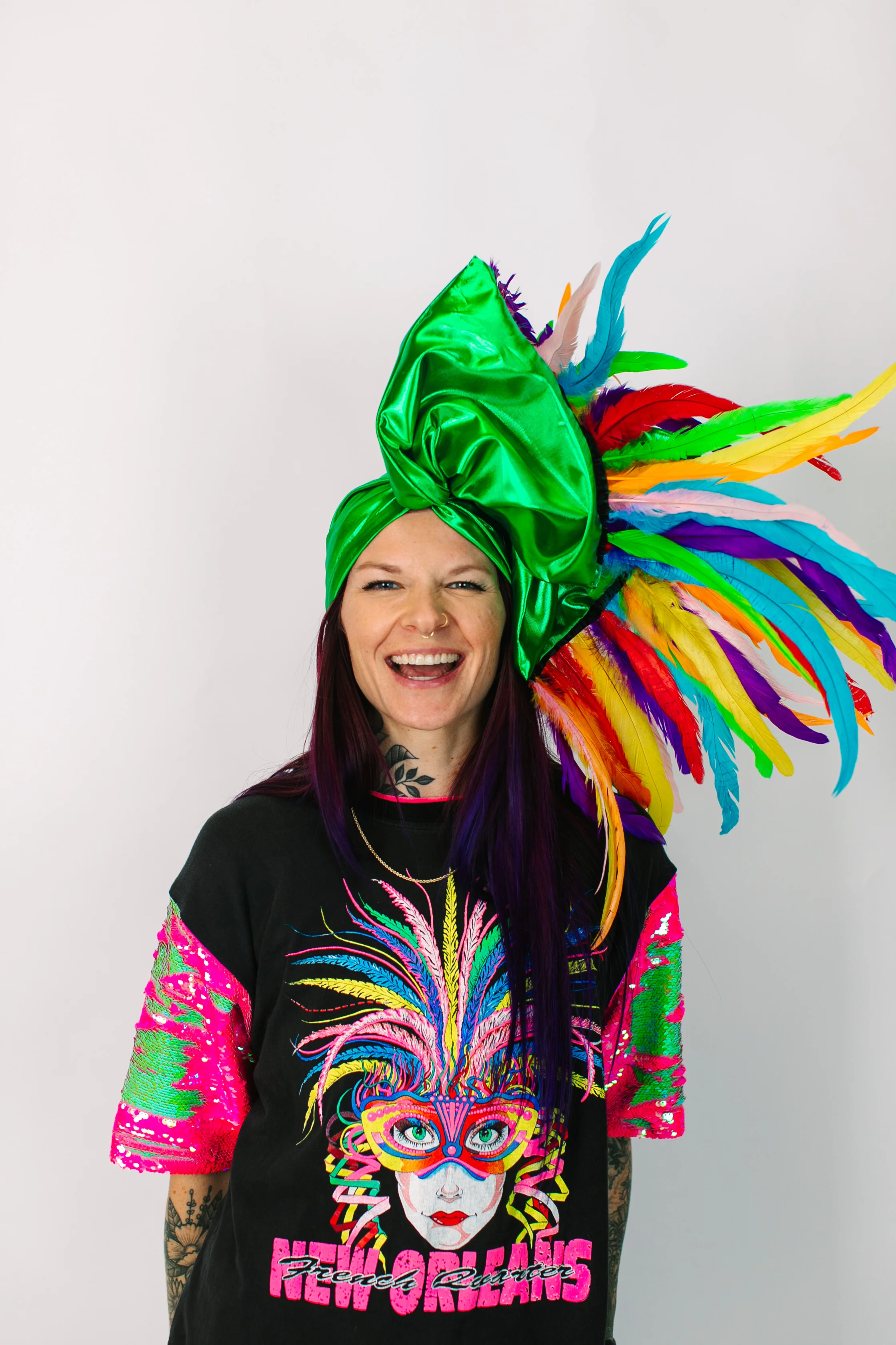 Green Lame With Rainbow Long Feathers - Image 4