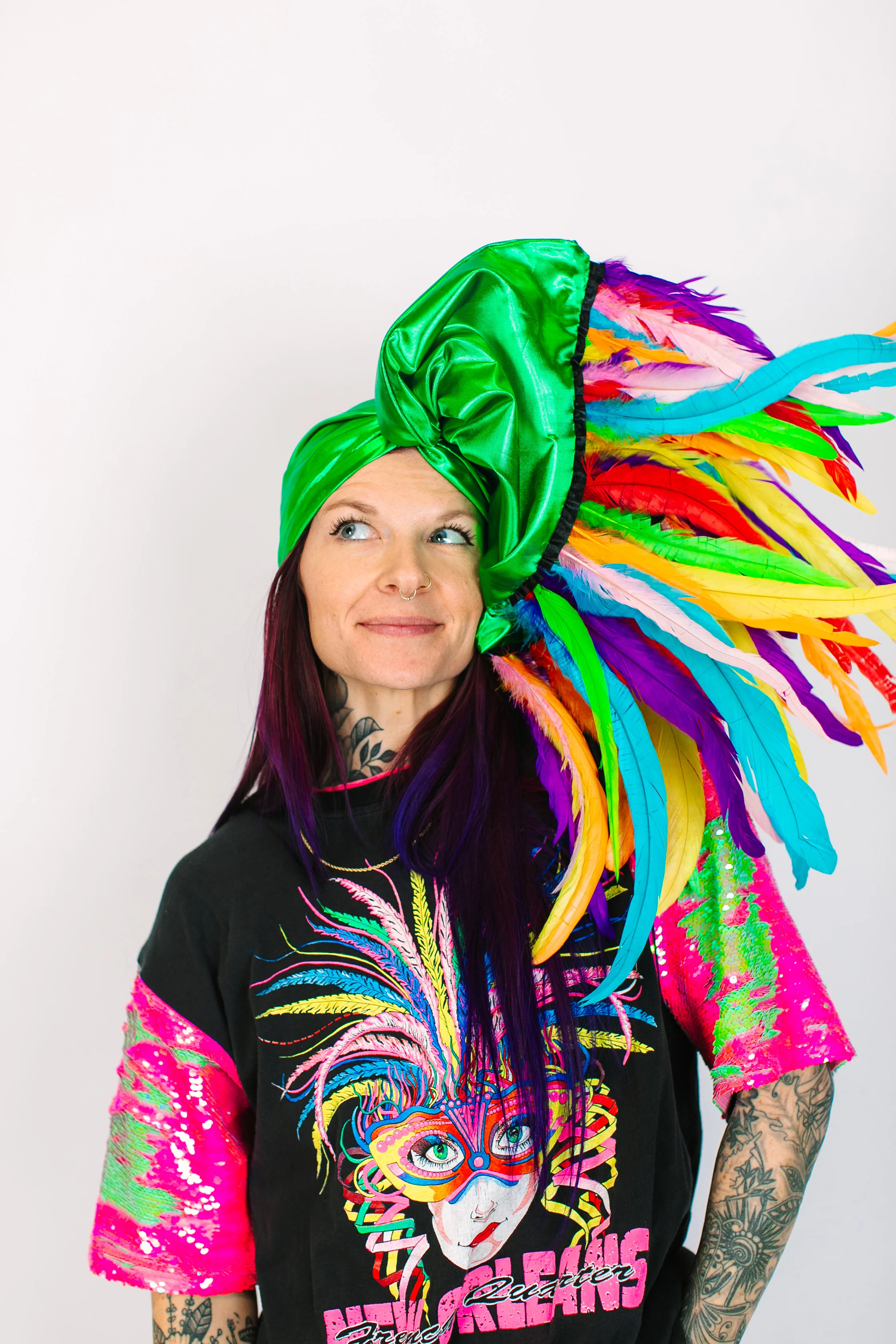 Green Lame With Rainbow Long Feathers - Image 5