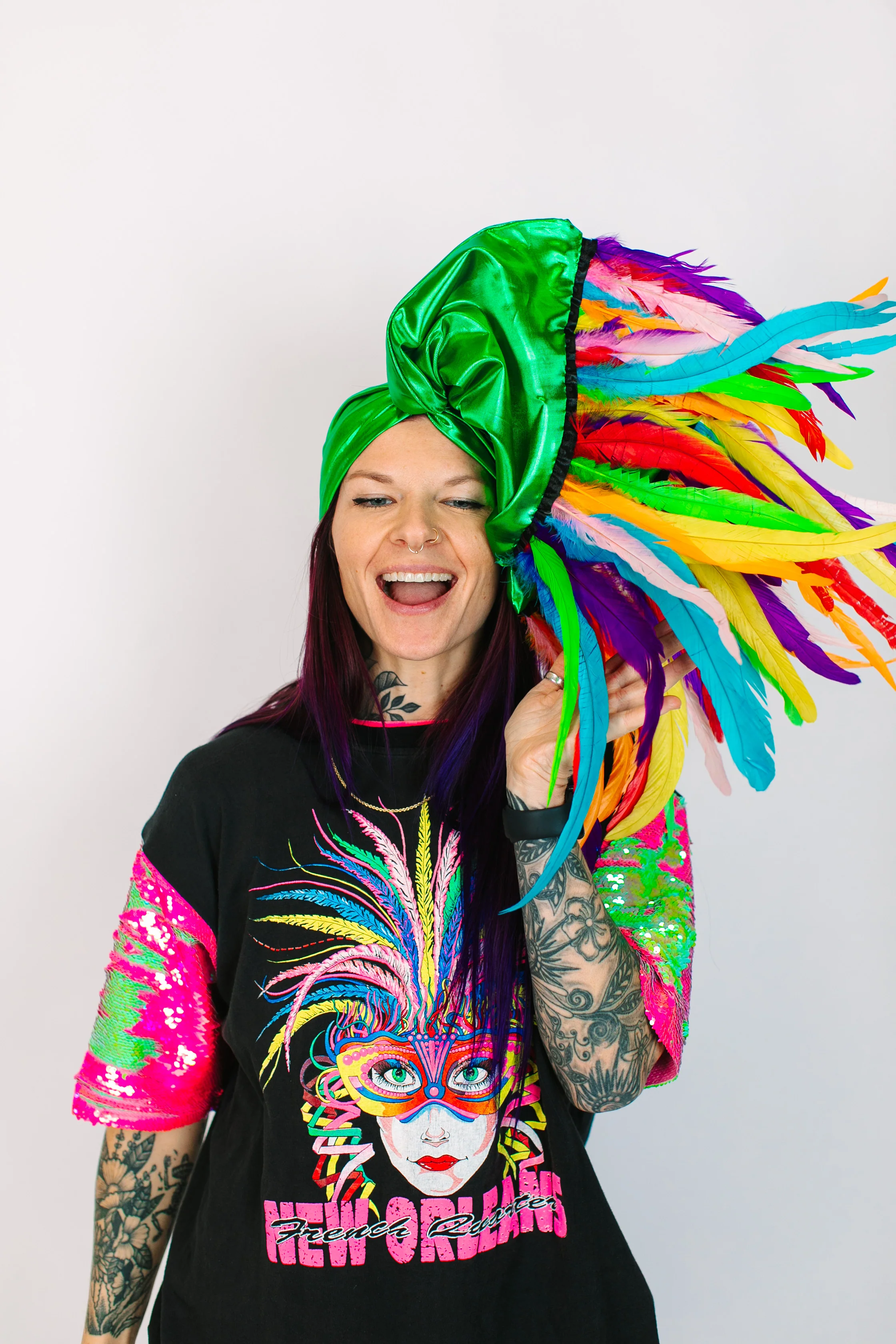 Green Lame With Rainbow Long Feathers - Image 6