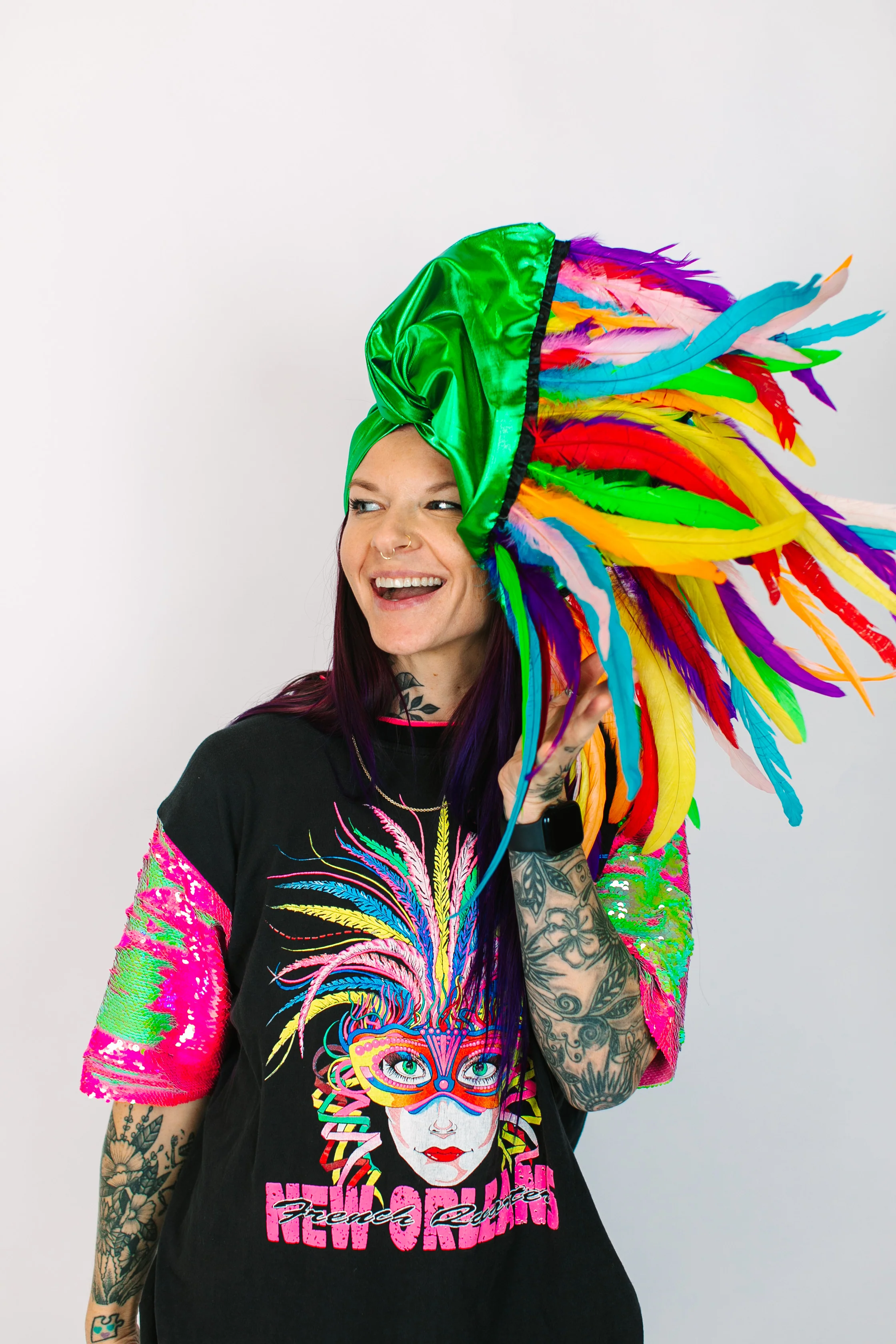 Green Lame With Rainbow Long Feathers - Image 7