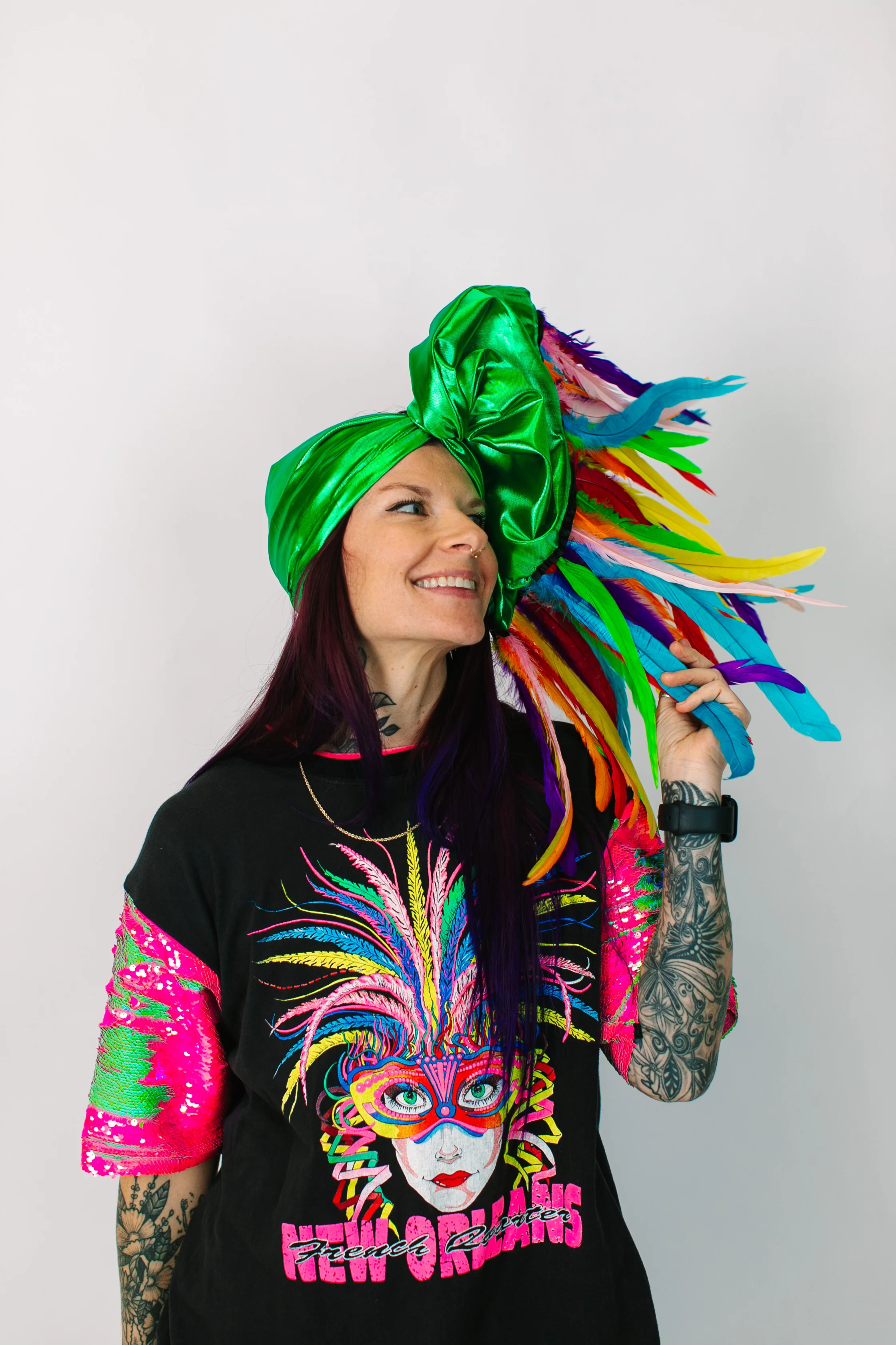 Green Lame With Rainbow Long Feathers - Image 8