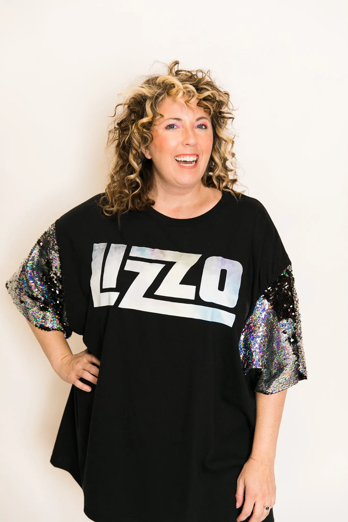 Lizzo Black and Silver Sequin Sleeve Party Tee