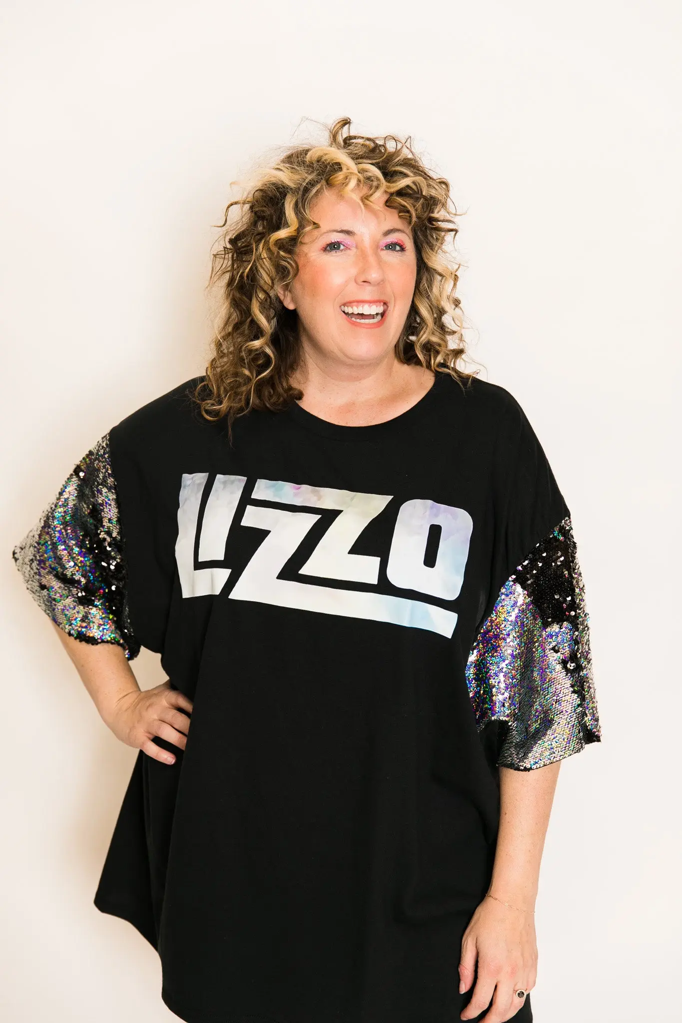 Lizzo Black and Silver Sequin Sleeve Party Tee - Image 2