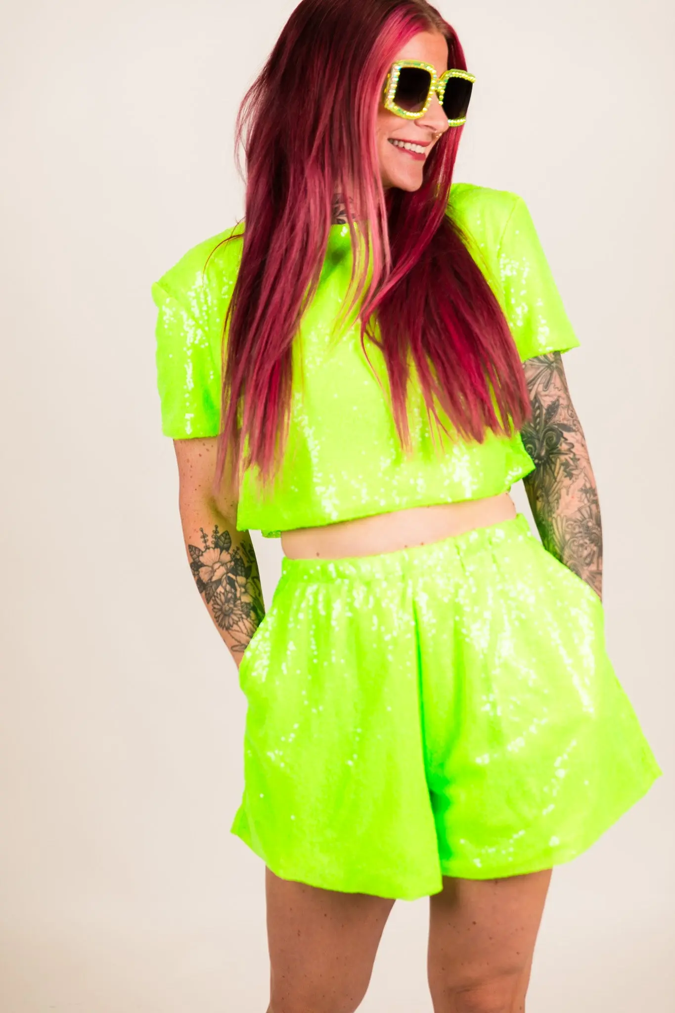 Neon Green Sequin Shorts