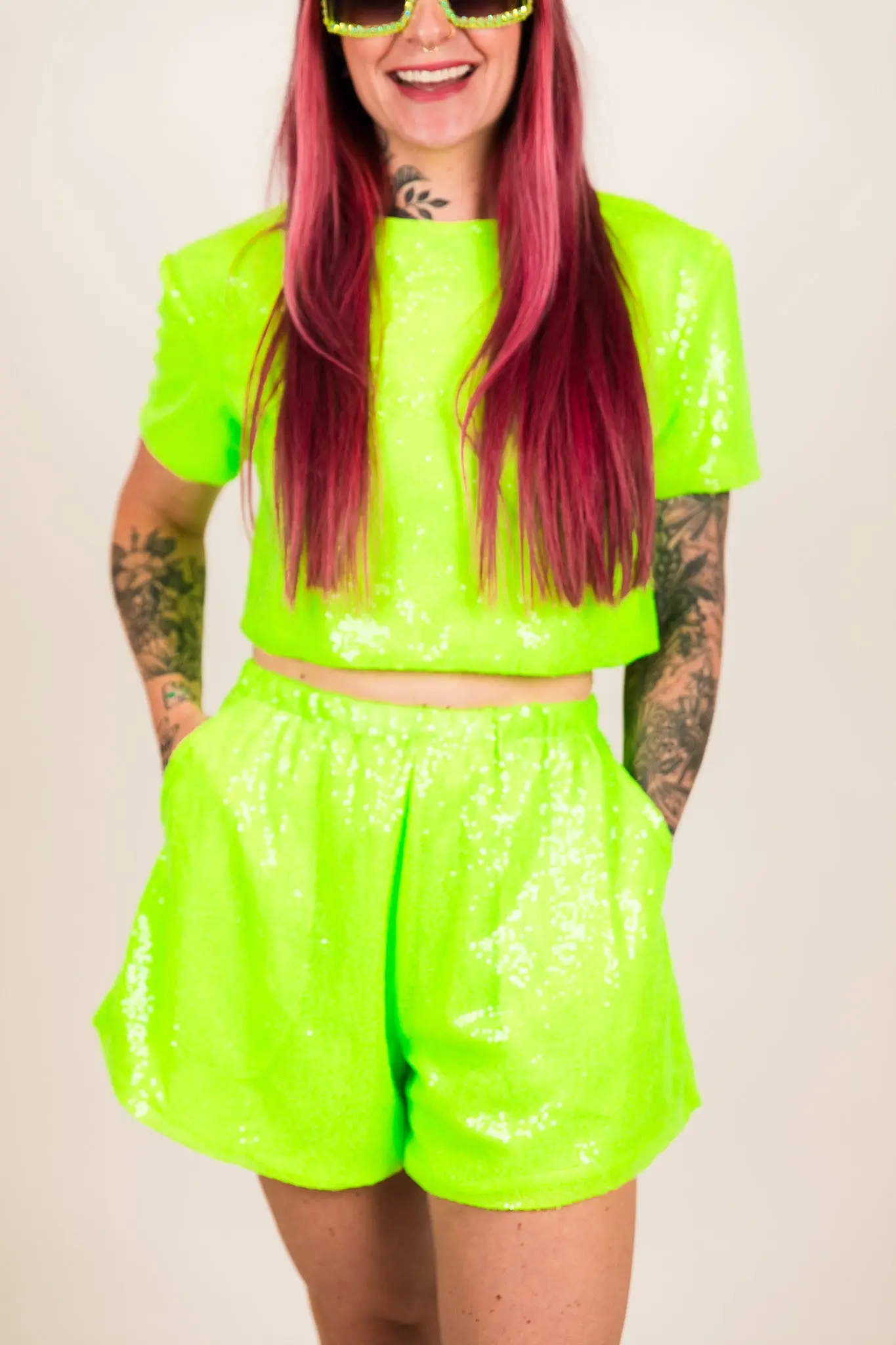 Neon Green Sequin Shorts - Image 3