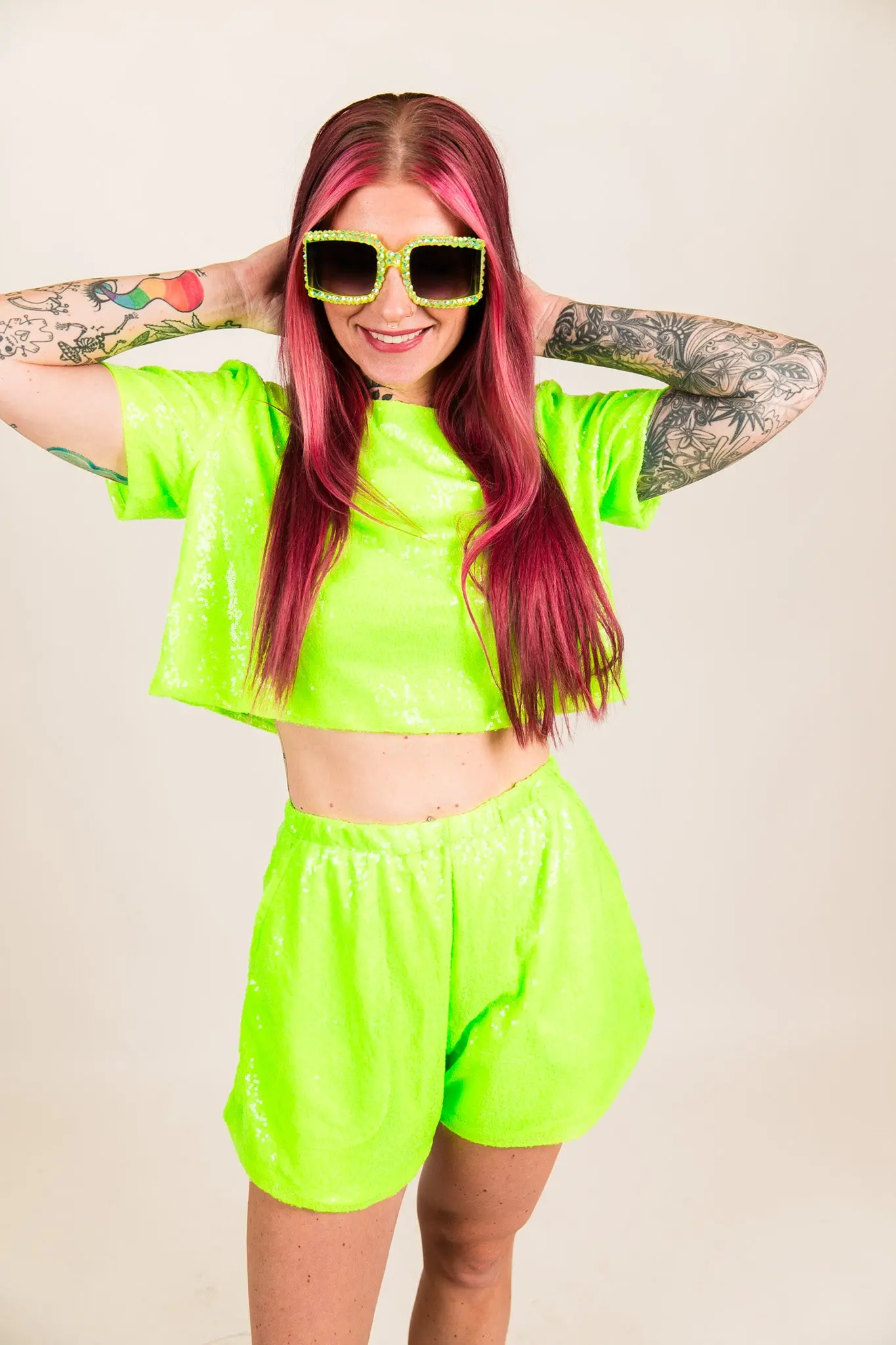 Neon Green Sequin Shorts - Image 5