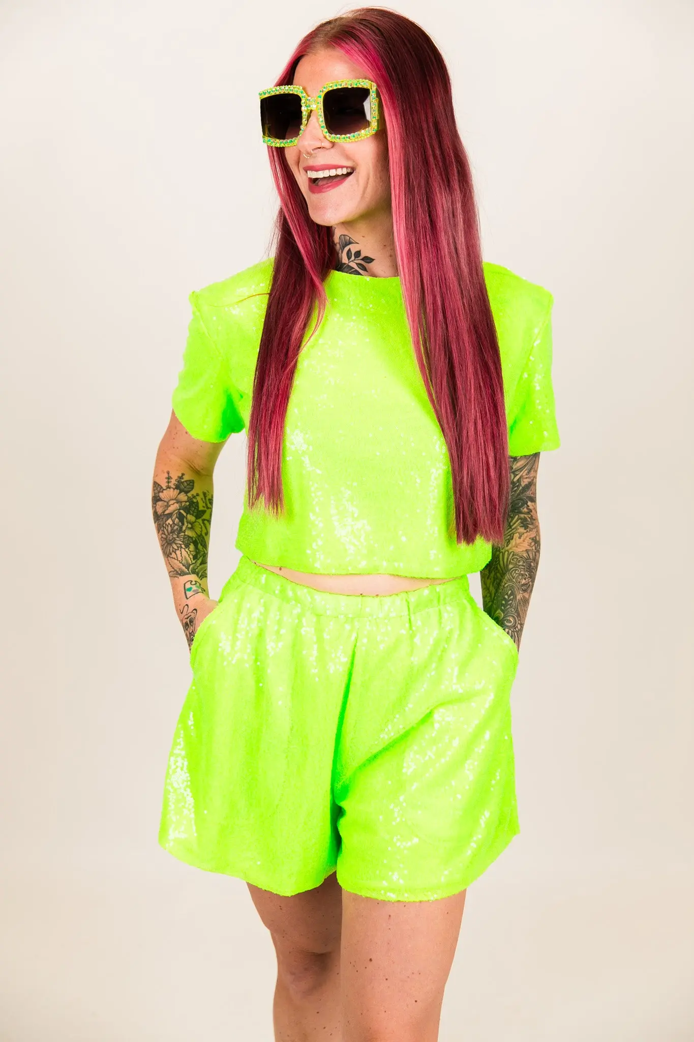 Neon Green Sequin Shorts - Image 7