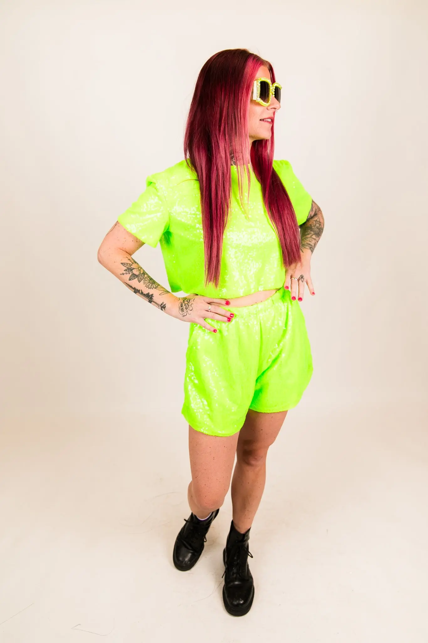 Neon Green Sequin Shorts - Image 8