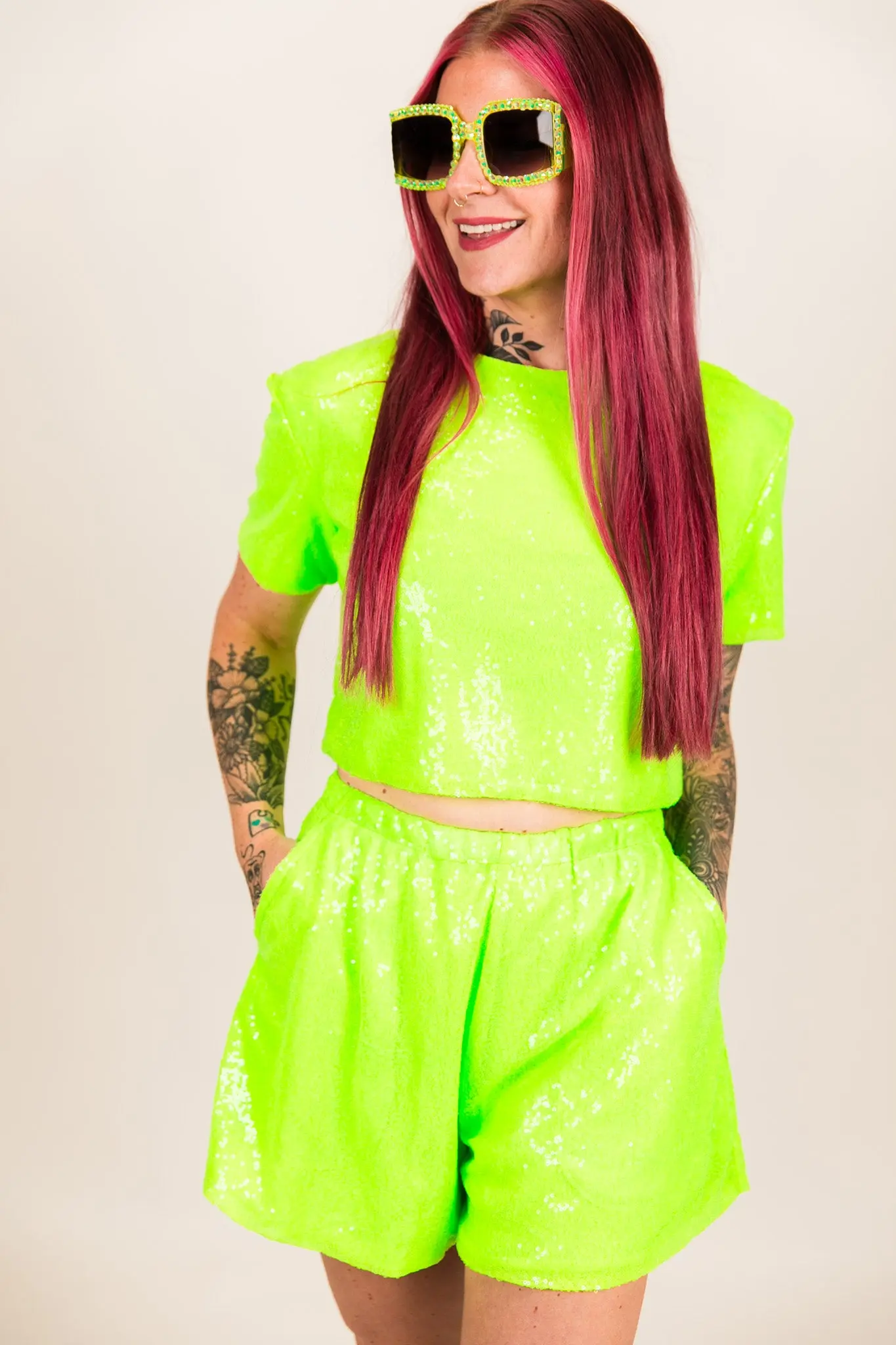 Neon Green Sequin Shorts - Image 9