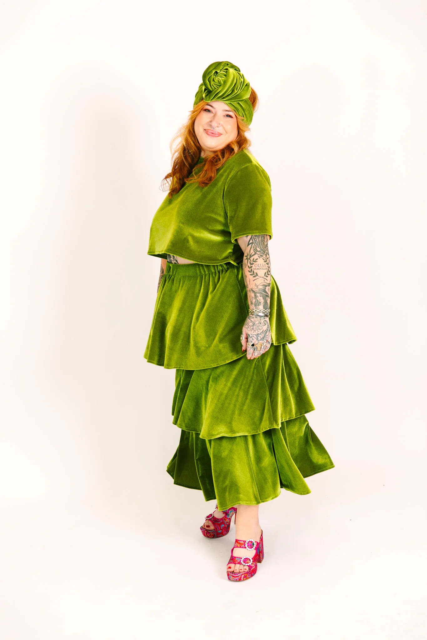 Olive 3-Tiered Velvet Skirt