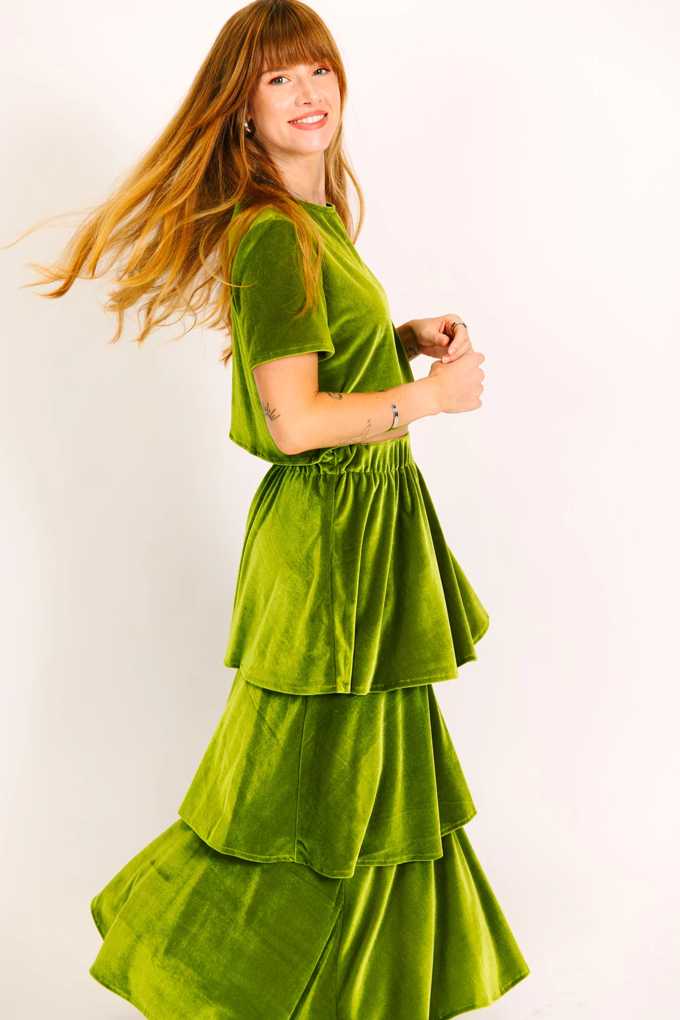Olive 3-Tiered Velvet Skirt - Image 12
