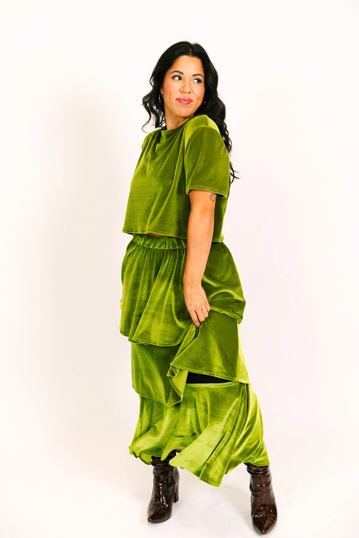 Olive 3-Tiered Velvet Skirt - Image 14