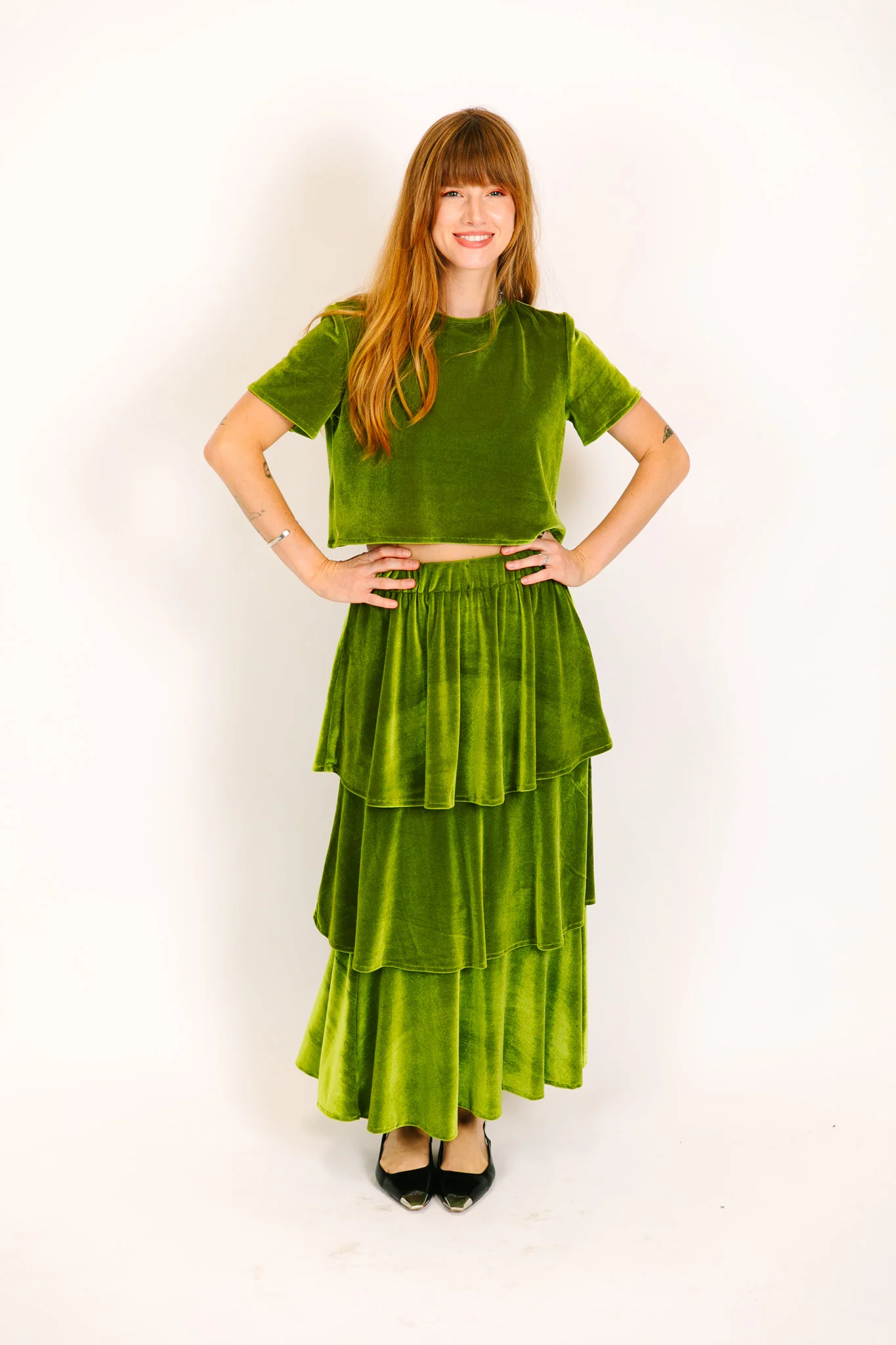 Olive 3-Tiered Velvet Skirt - Image 2