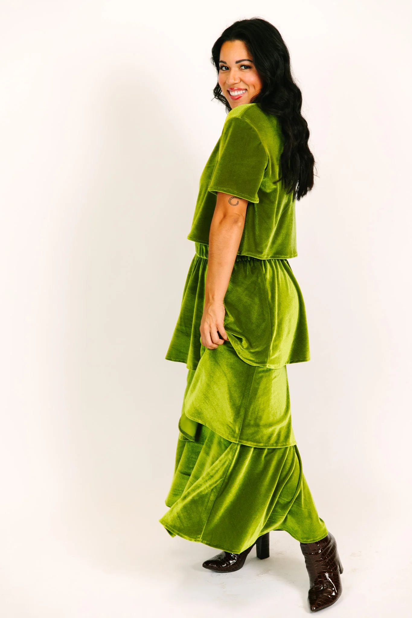 Olive 3-Tiered Velvet Skirt - Image 4