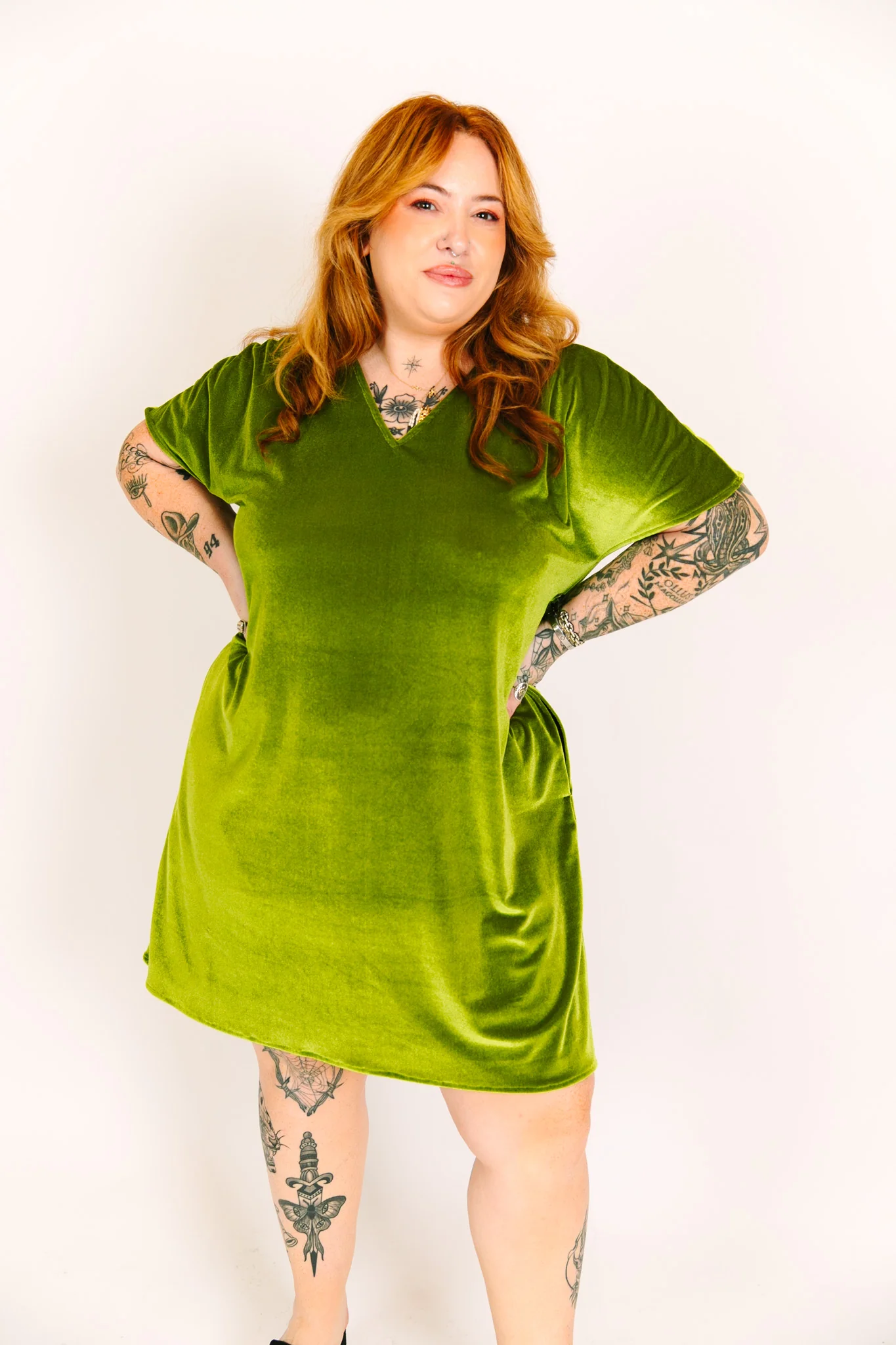 Olive Velvet V-Neck Dress - Image 10
