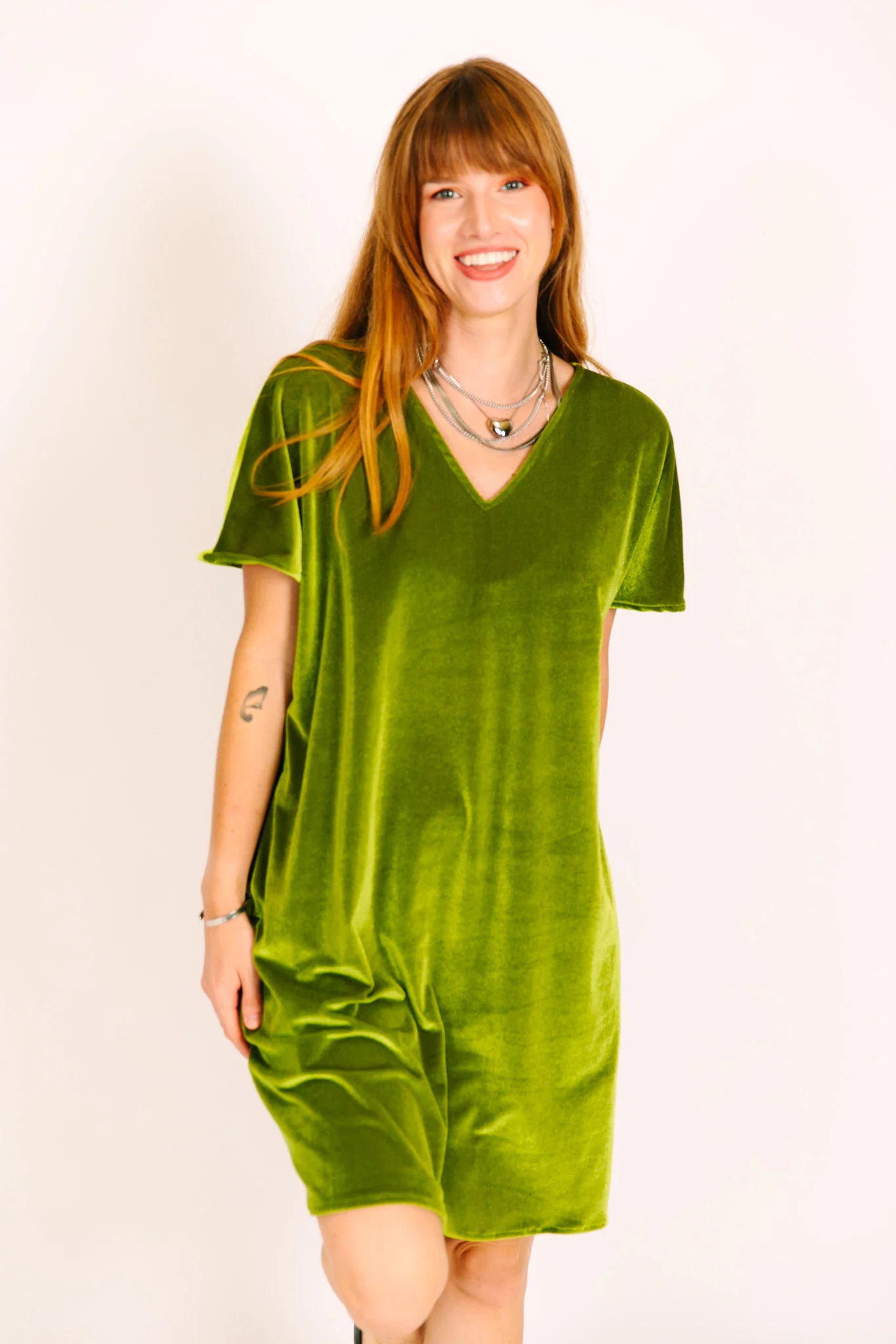 Olive Velvet V-Neck Dress - Image 12