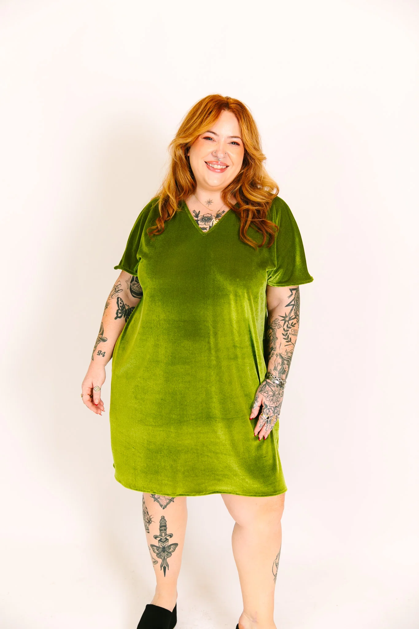 Olive Velvet V-Neck Dress - Image 13