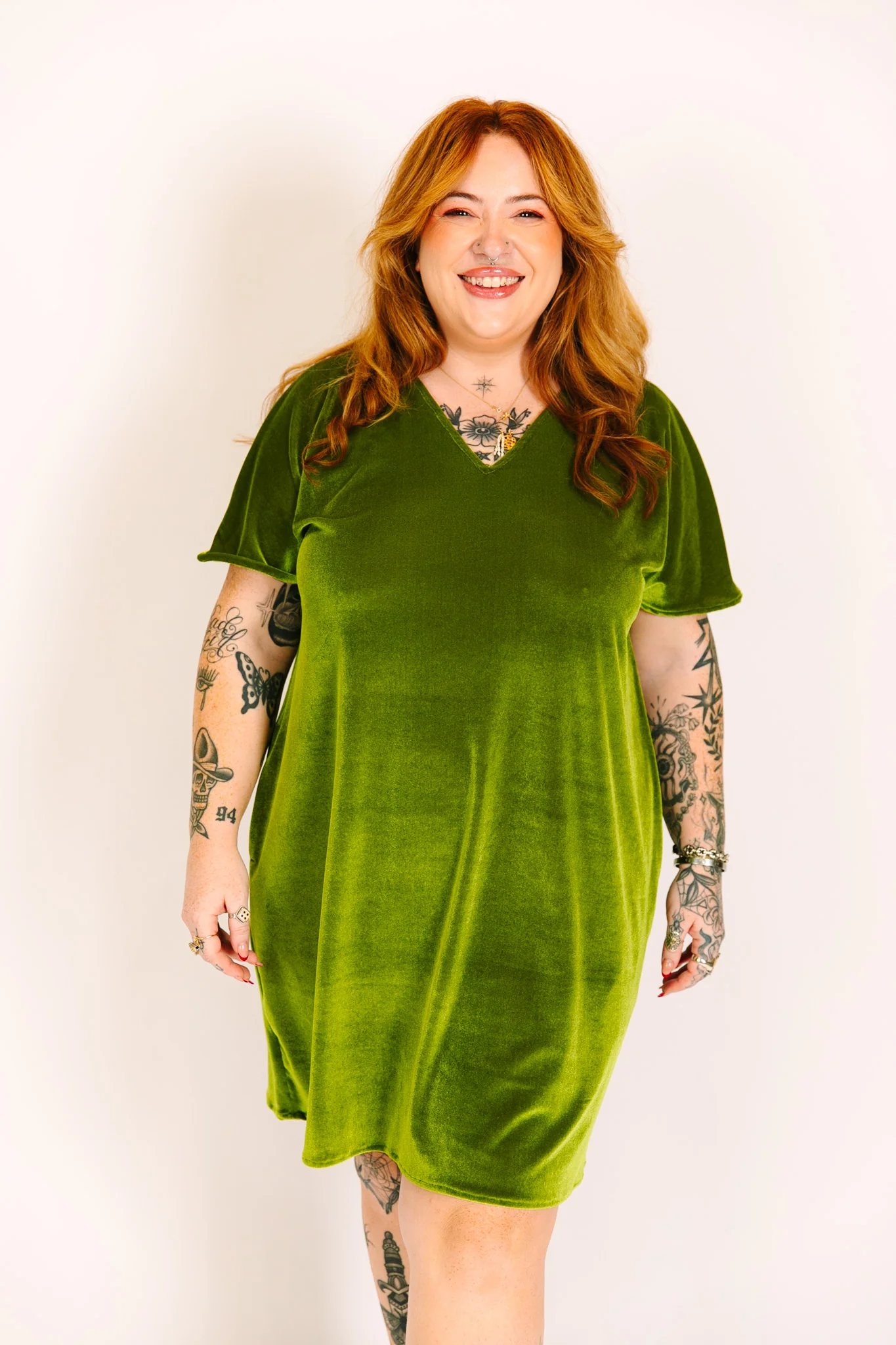 Olive Velvet V-Neck Dress - Image 3