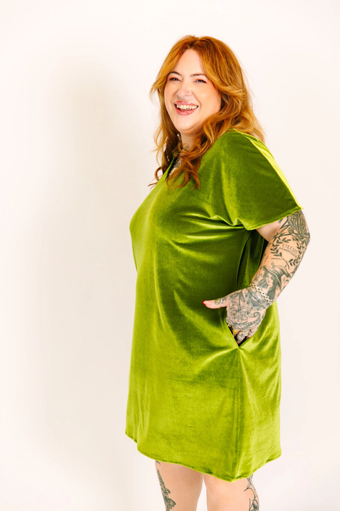 Olive Velvet V-Neck Dress - Image 7