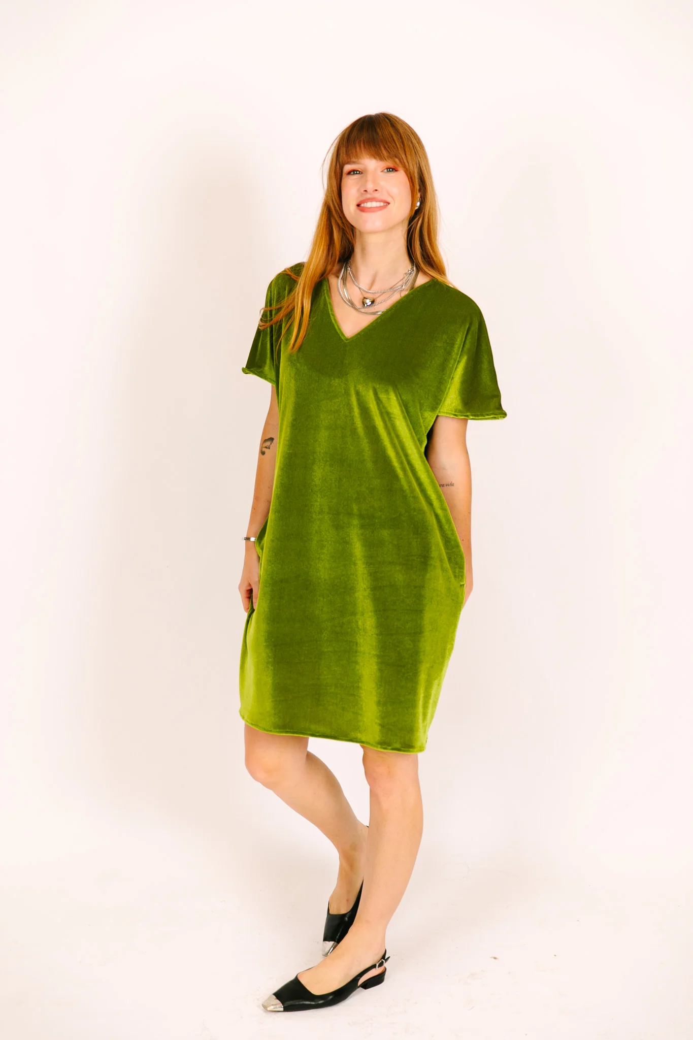Olive Velvet V-Neck Dress - Image 8