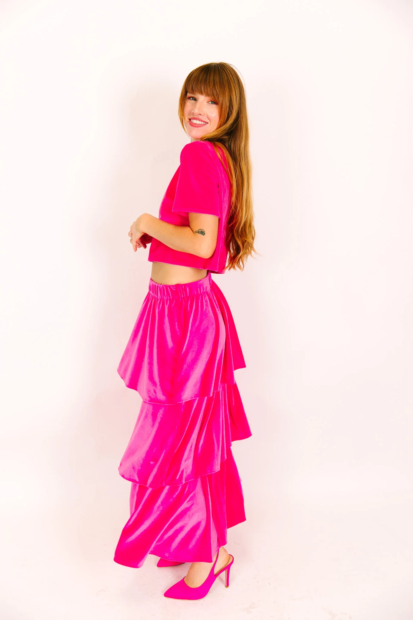 Pink 3-Tiered Velvet Skirt - Image 3
