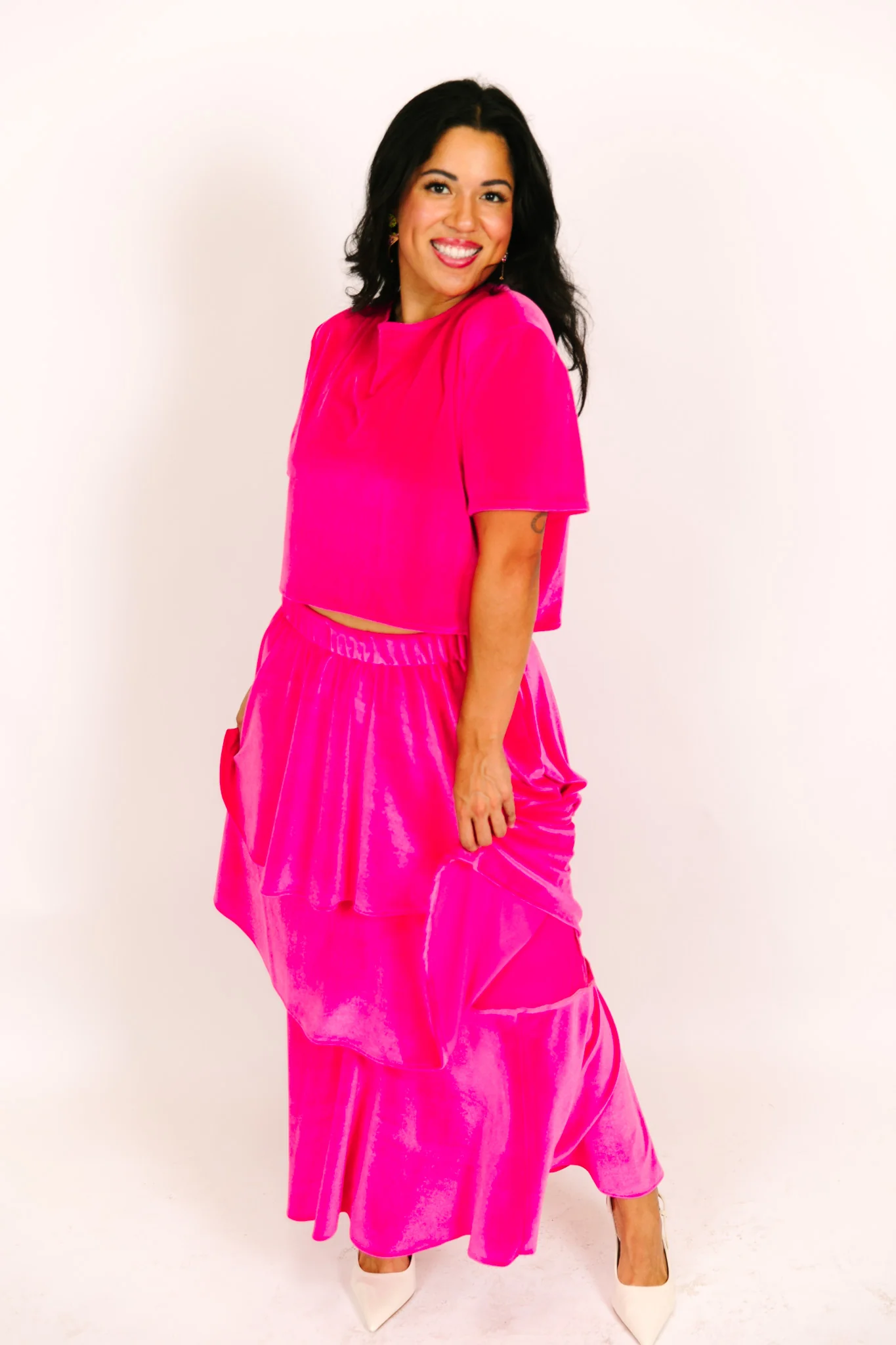 Pink 3-Tiered Velvet Skirt - Image 7