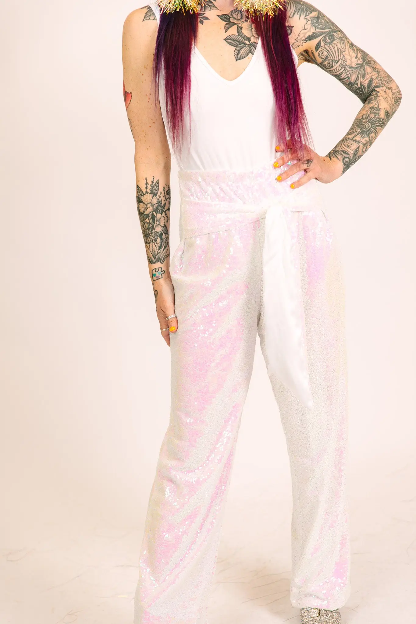 Pink Iridescent High Waisted Sequin Pant - Image 4