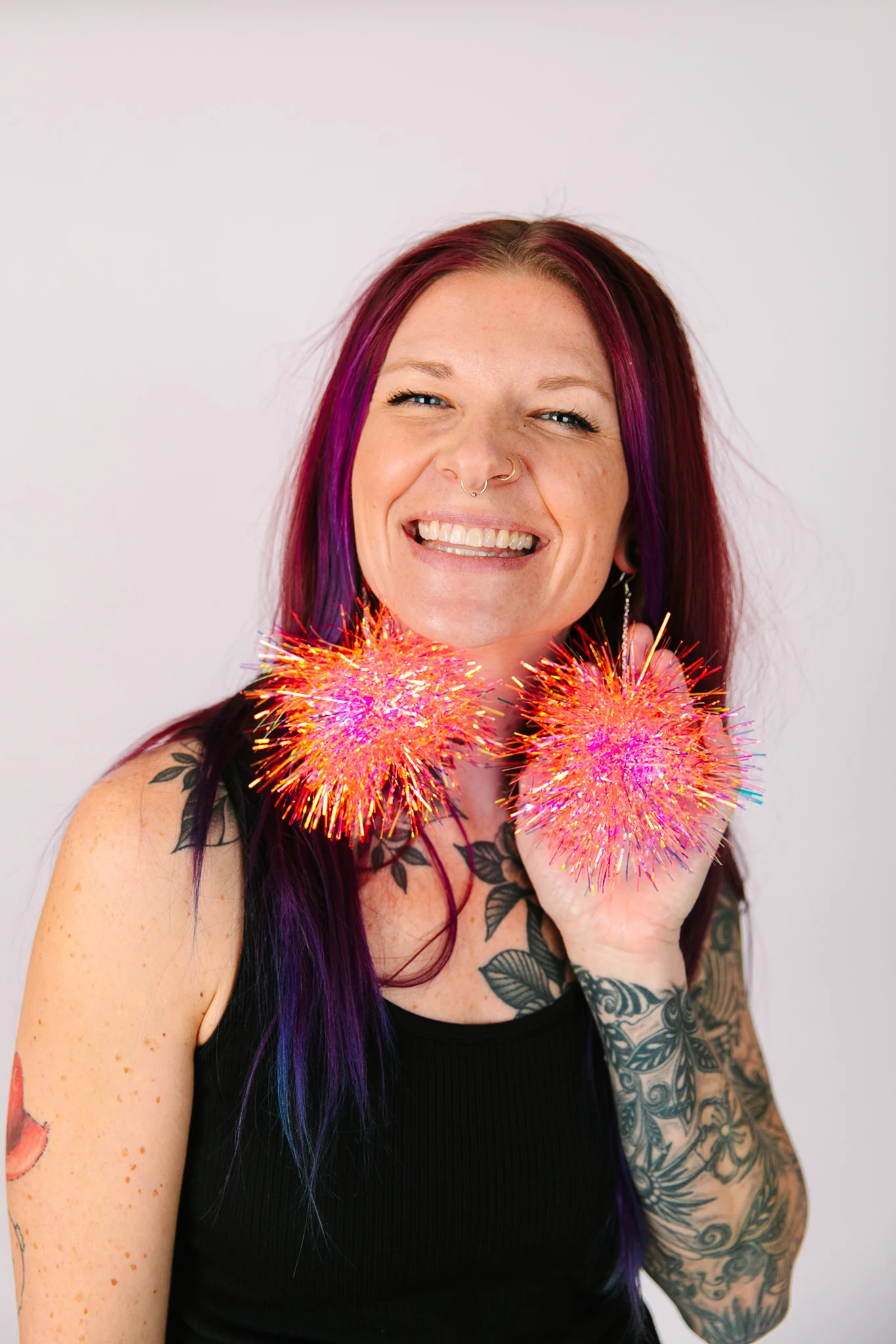 Pink Iridescent Party Pom Earrings - Image 4
