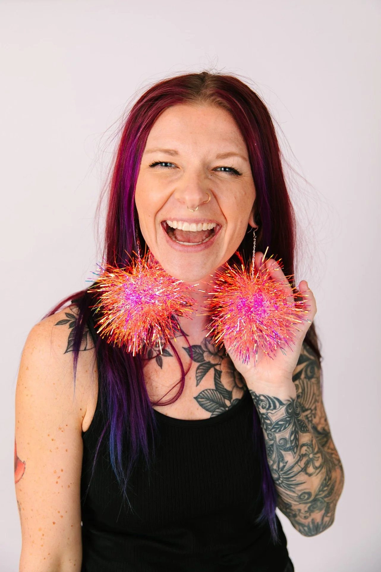 Pink Iridescent Party Pom Earrings - Image 5