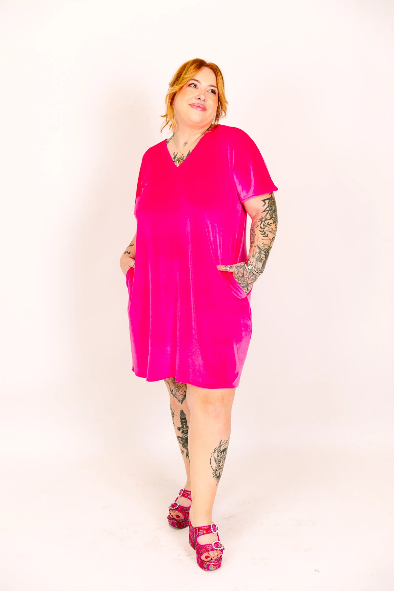 Pink Velvet V-Neck Dress - Image 17