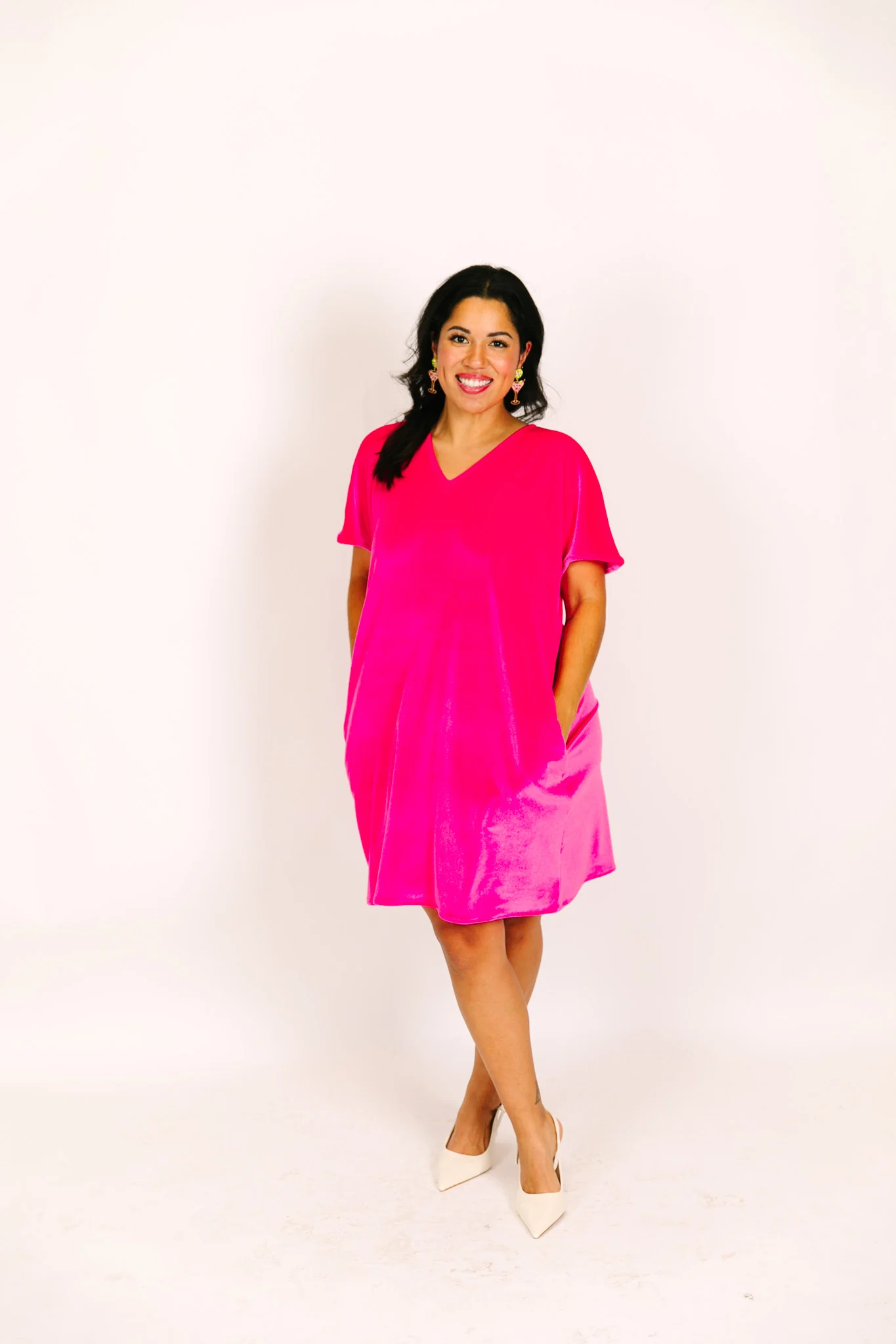 Pink Velvet V-Neck Dress - Image 18