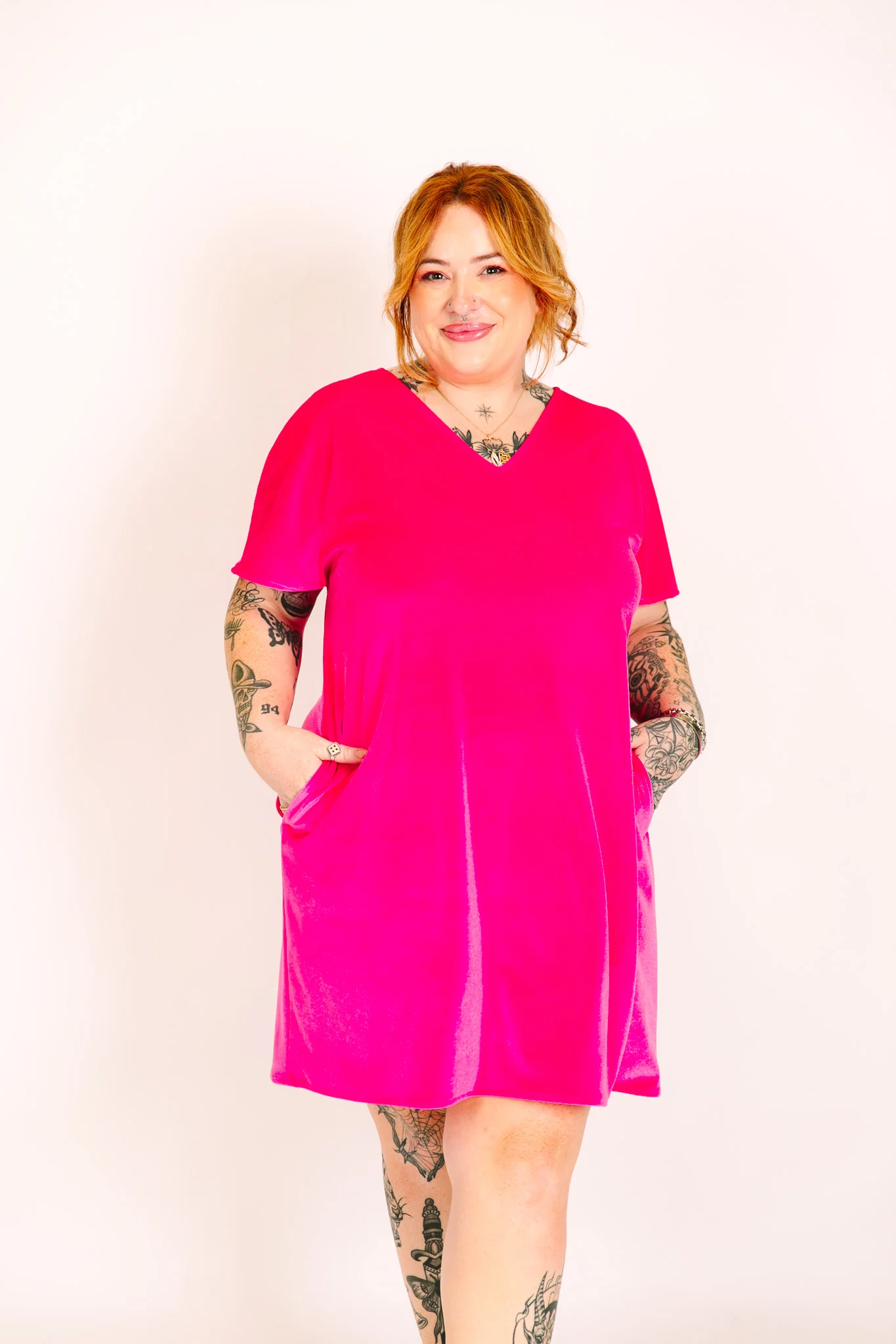 Pink Velvet V-Neck Dress - Image 9