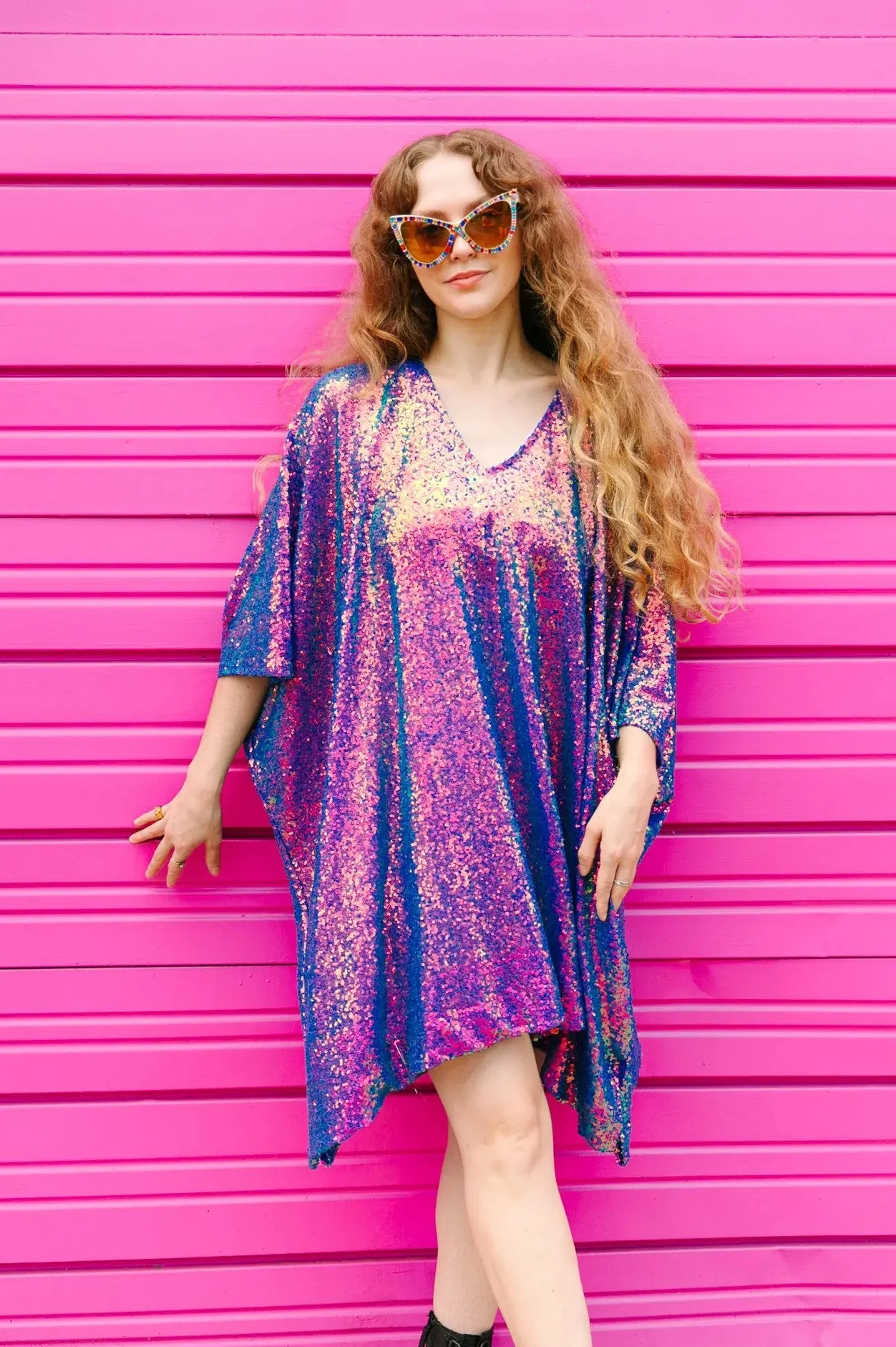 Purple Holographic Sequin Short Caftan