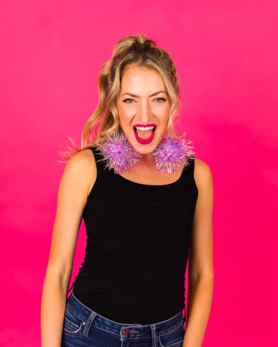 Purple Iridescent Party Pom Earrings - Image 4
