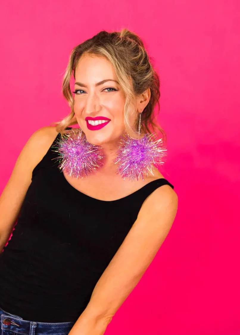Purple Iridescent Party Pom Earrings - Image 9