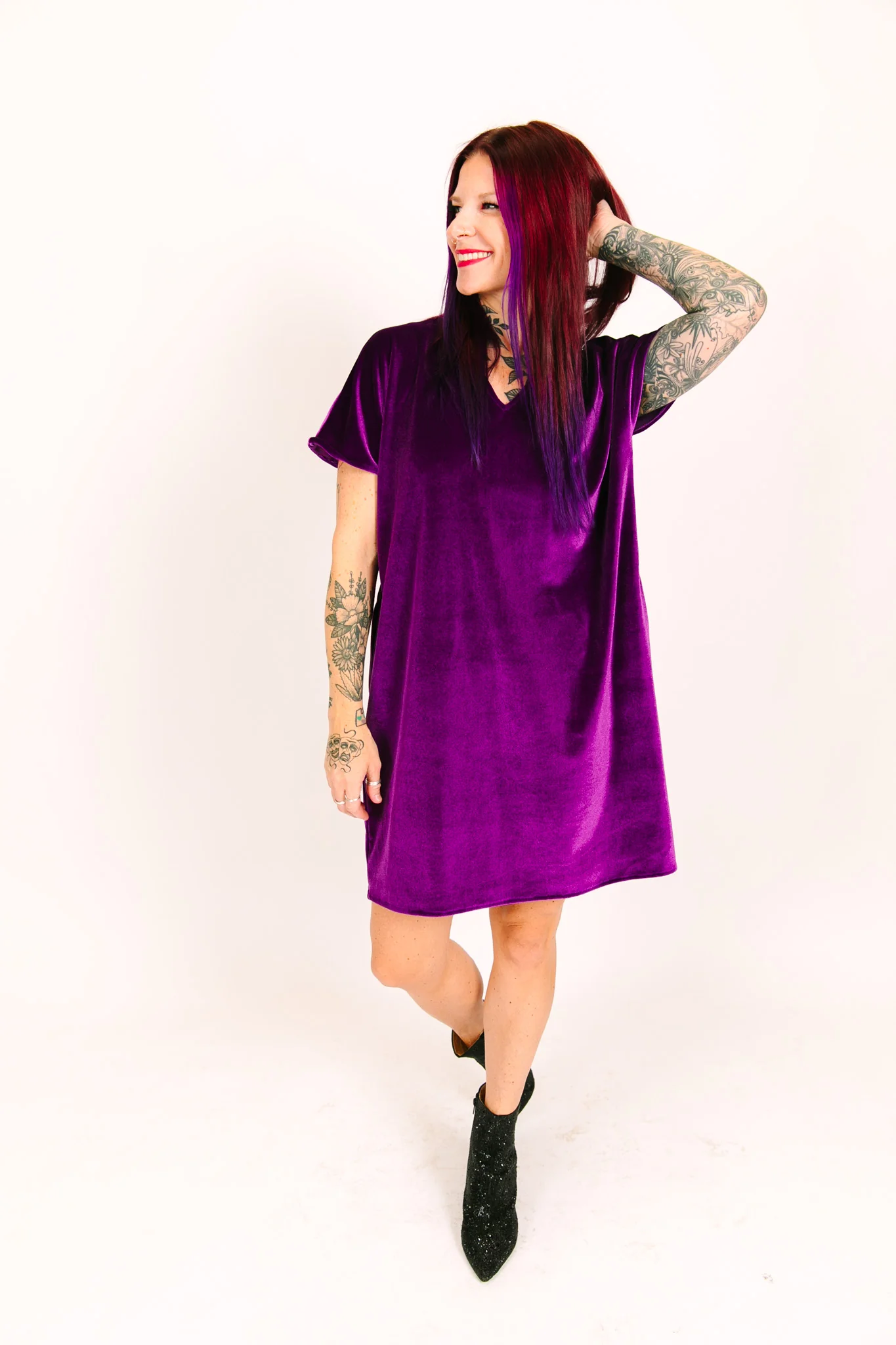 Purple Velvet V-Neck Dress