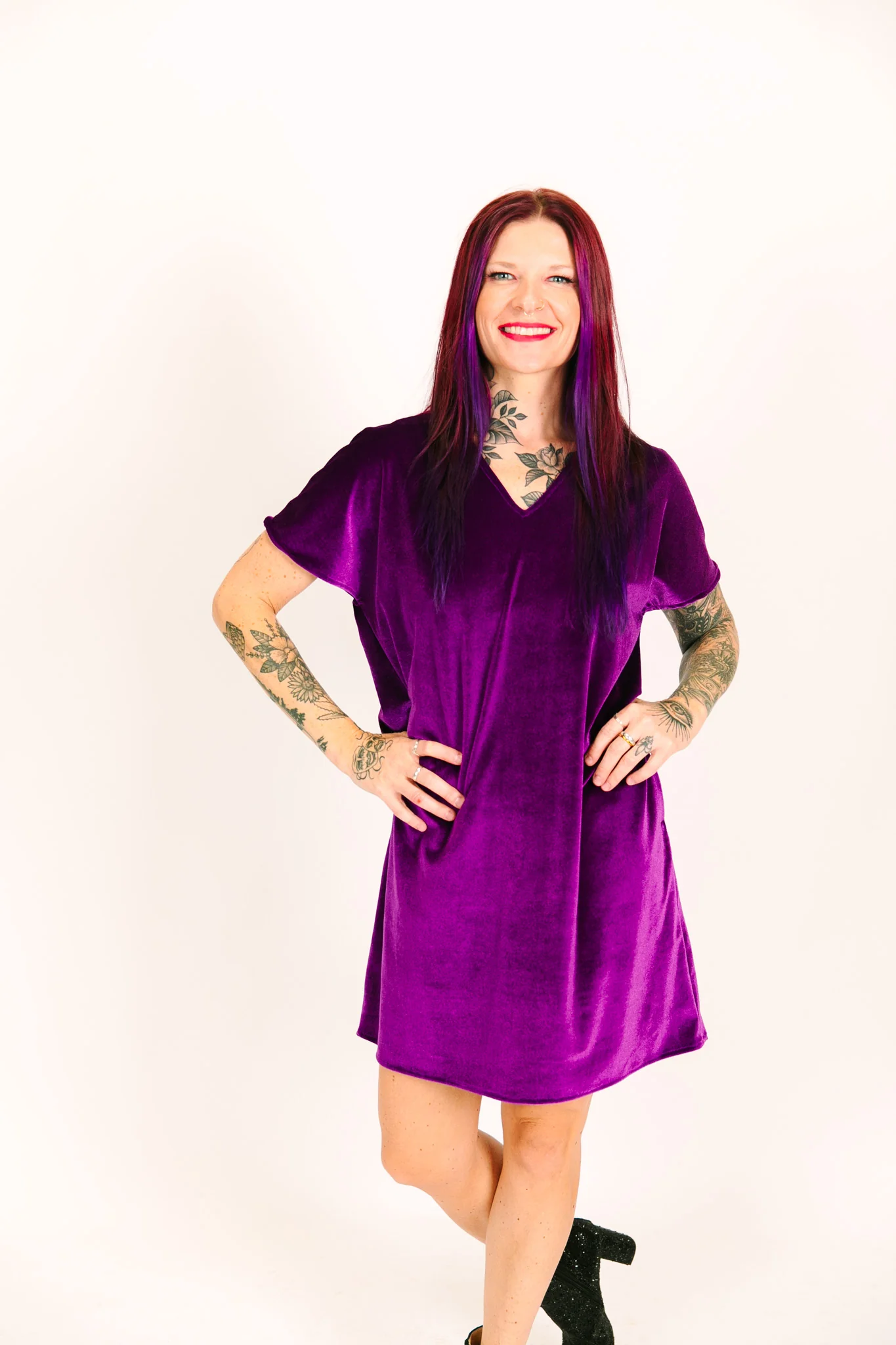 Purple Velvet V-Neck Dress - Image 11