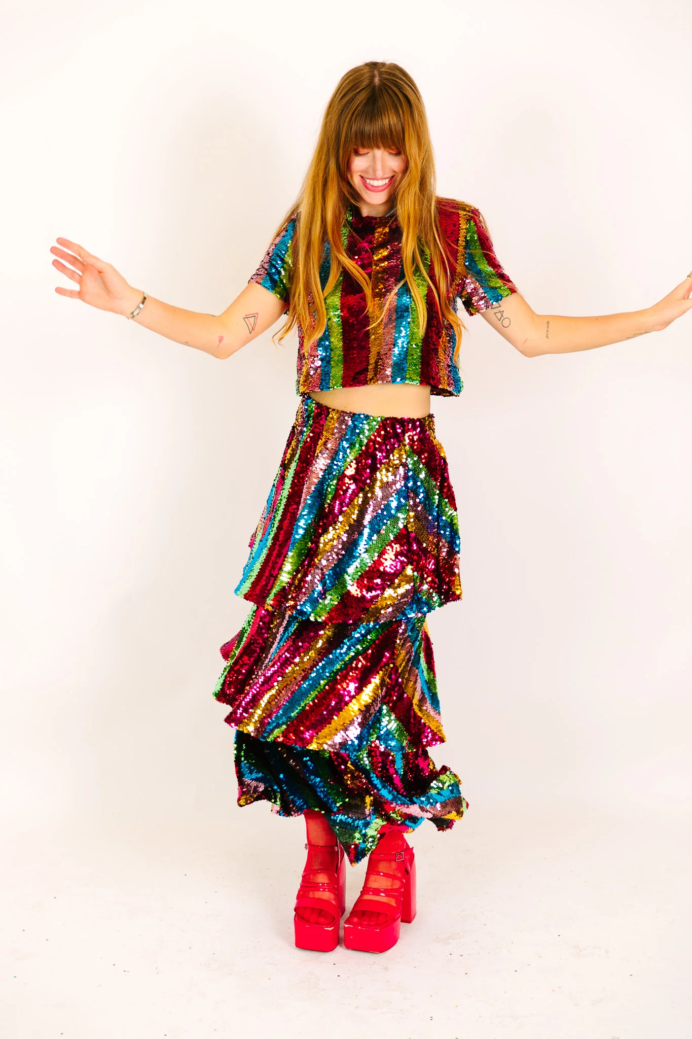 Rainbow Stripe 3-Tiered Sequin Skirt
