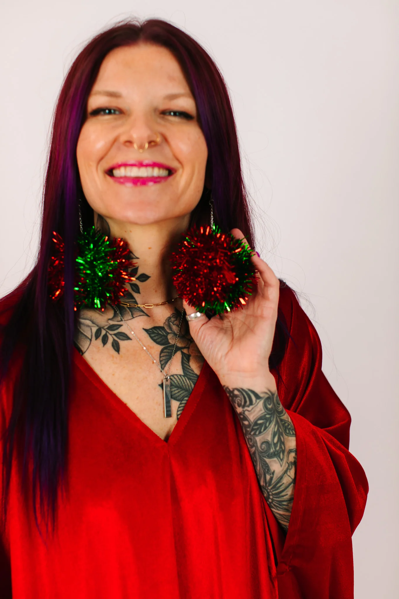 Red and Green Pom Pom Earrings