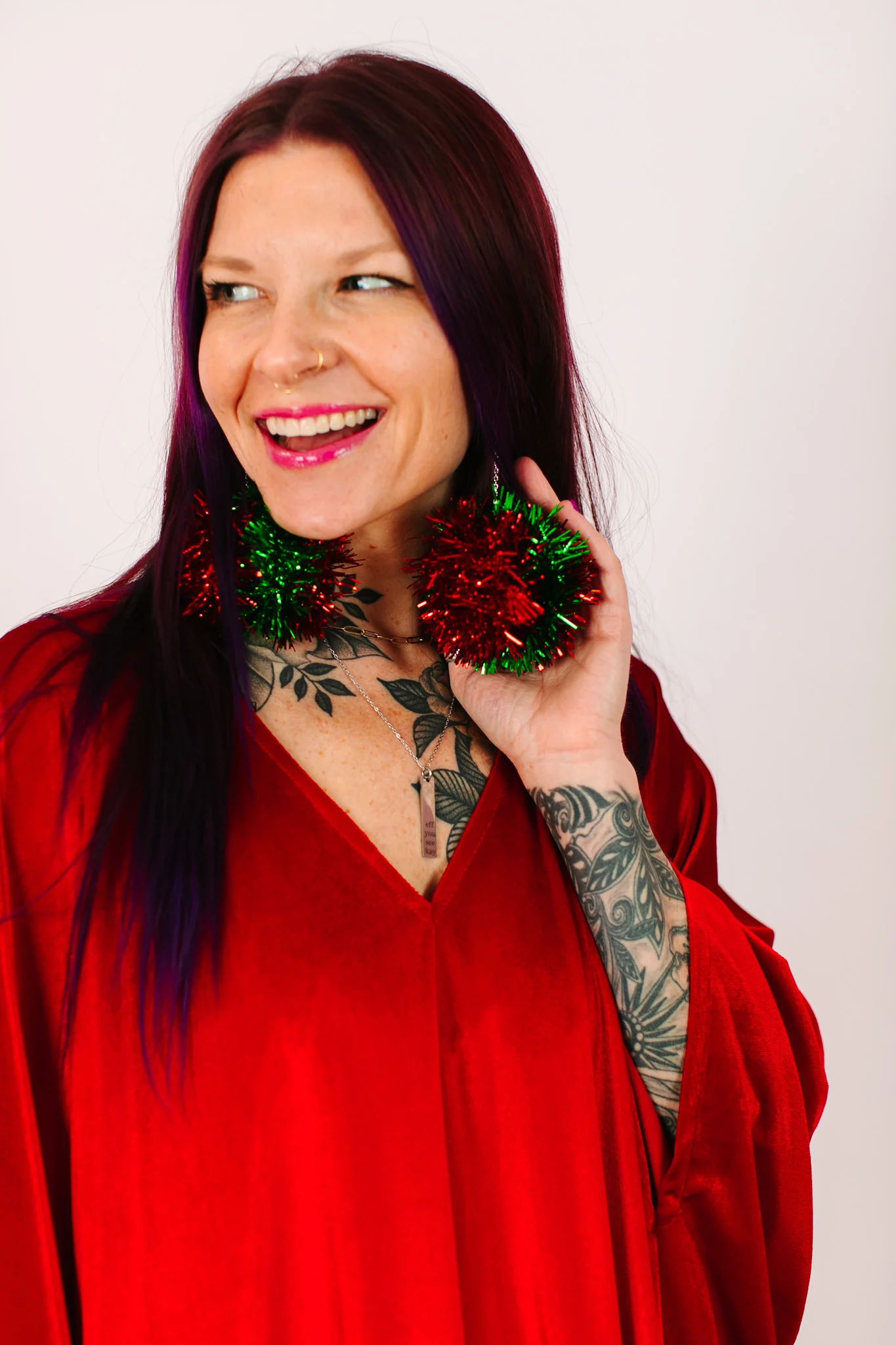 Red and Green Pom Pom Earrings - Image 3
